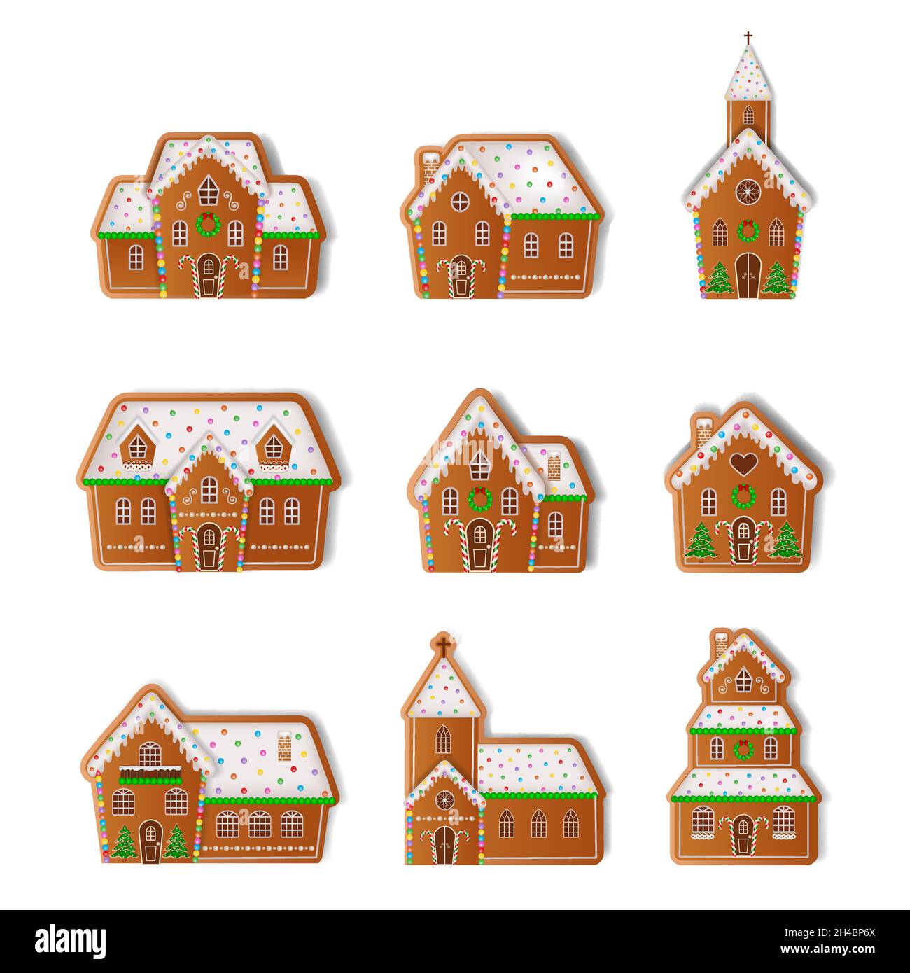 Set di case e chiese isolate di pan di zenzero. Biscotti di pan di zenzero di natale Illustrazione Vettoriale