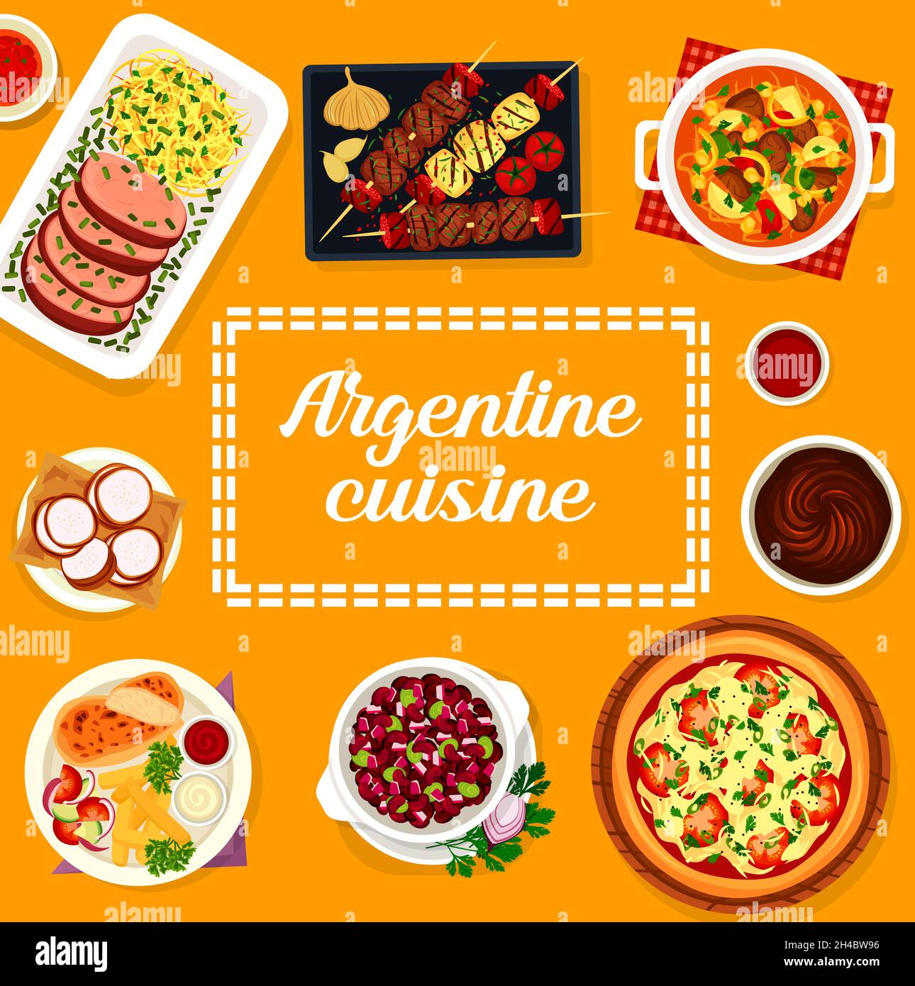 Copertina del menu della cucina argentina. Carni e salsicce alla griglia Asado, stufato di carne Guiso e pizza alla cipolla Fugazza, bistecca lama, biscotti alfajores e tacchino Milanesa, Illustrazione Vettoriale