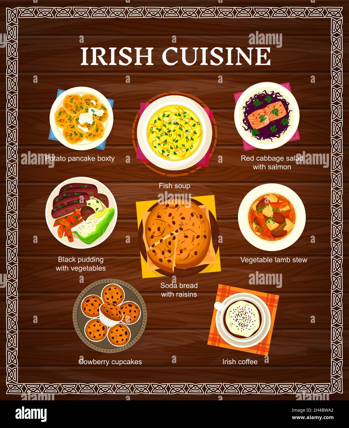 Cucina irlandese menu vettoriale patate frittella boxty, zuppa di pesce e soda pane con uvetta. Tortini di cowberry, stufato di agnello e budino nero con verdure. Illustrazione Vettoriale