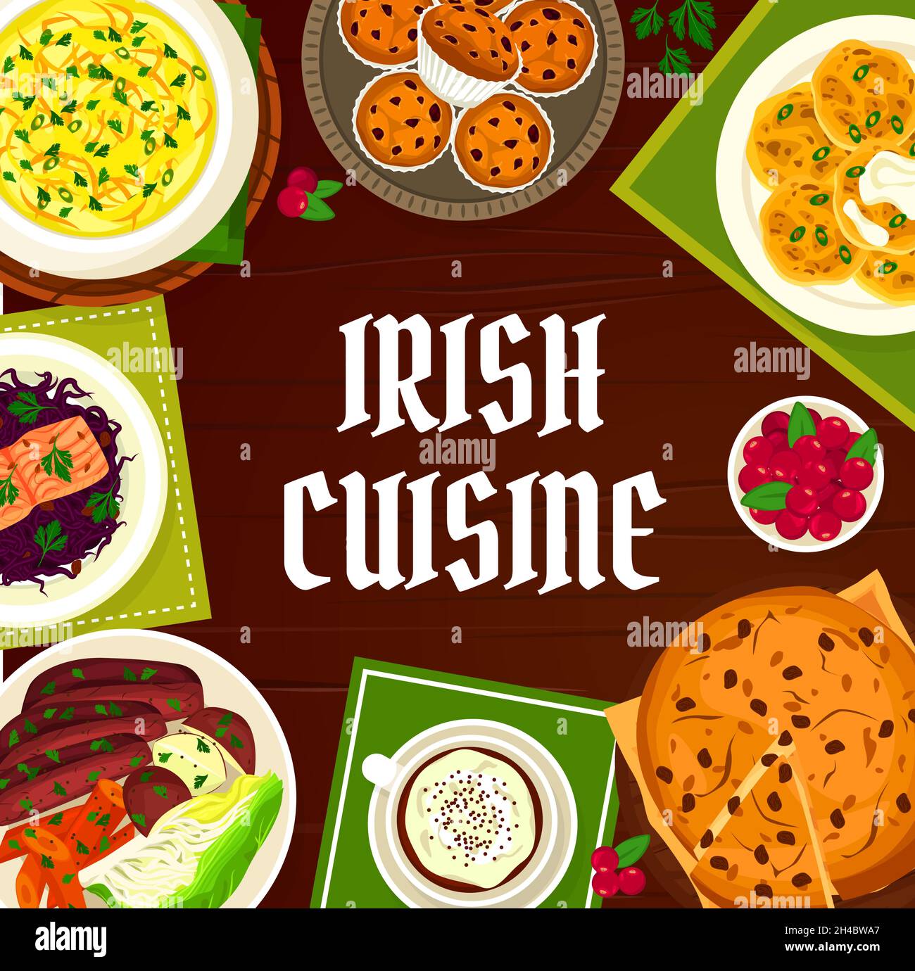 Menu vettoriale della cucina irlandese con pasti frittelle di patate, zuppa di pesce e pane soda con uvetta. Cupcake di cowberry, budino nero con vegetabl Illustrazione Vettoriale
