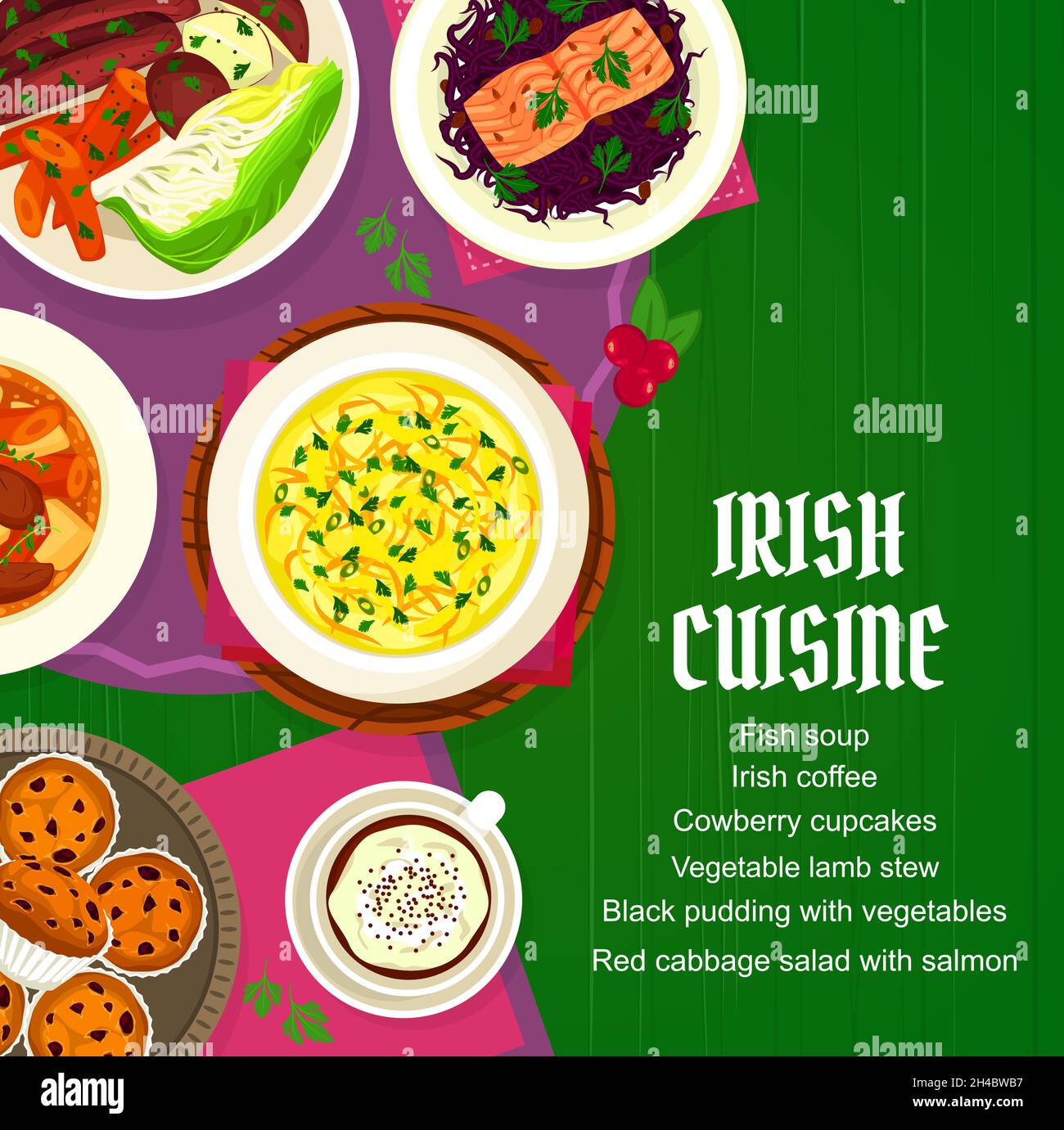 Menu vettoriale della cucina irlandese con pasti zuppa di pesce, caffè e cupcake di cowberry. Stufato di agnello vegetale, budino nero con verdure o cavolo rosso Illustrazione Vettoriale