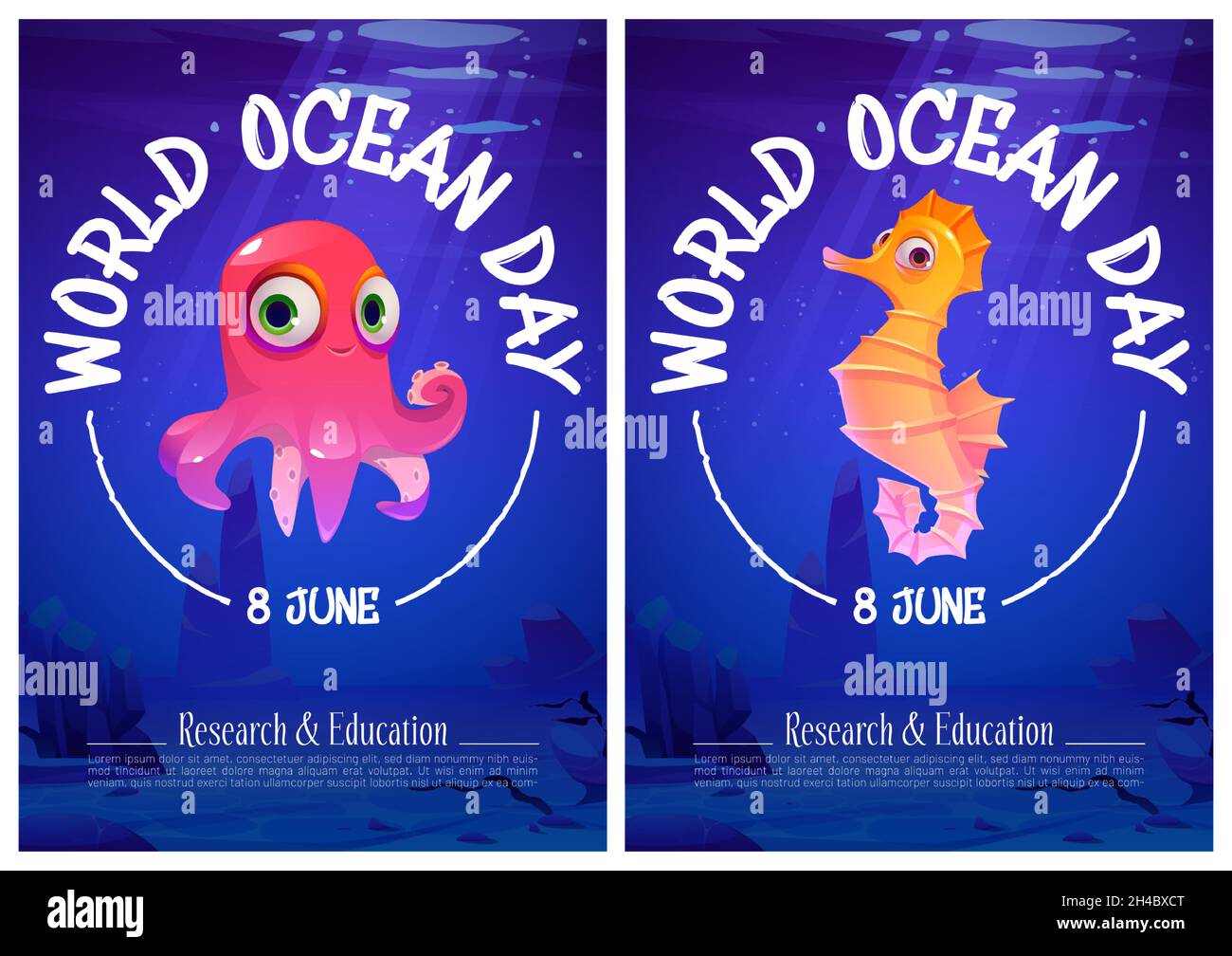 Cartoni animati della giornata mondiale dell'oceano con simpatici animali subacquei polpo e cavallo di mare all'acqua di mare blu. Modello di biglietti d'invito per feste ecologiche o celebrazioni di eventi, illustrazione vettoriale Cartoon Illustrazione Vettoriale