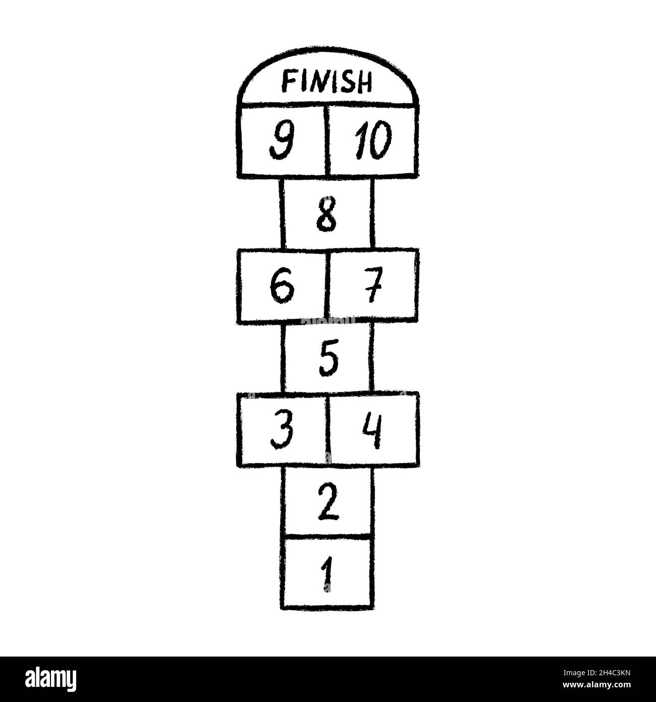 Hopscotch gioco di attività per bambini. Hopscotch con numeri neri. Giochi estivi all'aperto. Illustrazione vettoriale disegnata a mano isolata su sfondo bianco Illustrazione Vettoriale