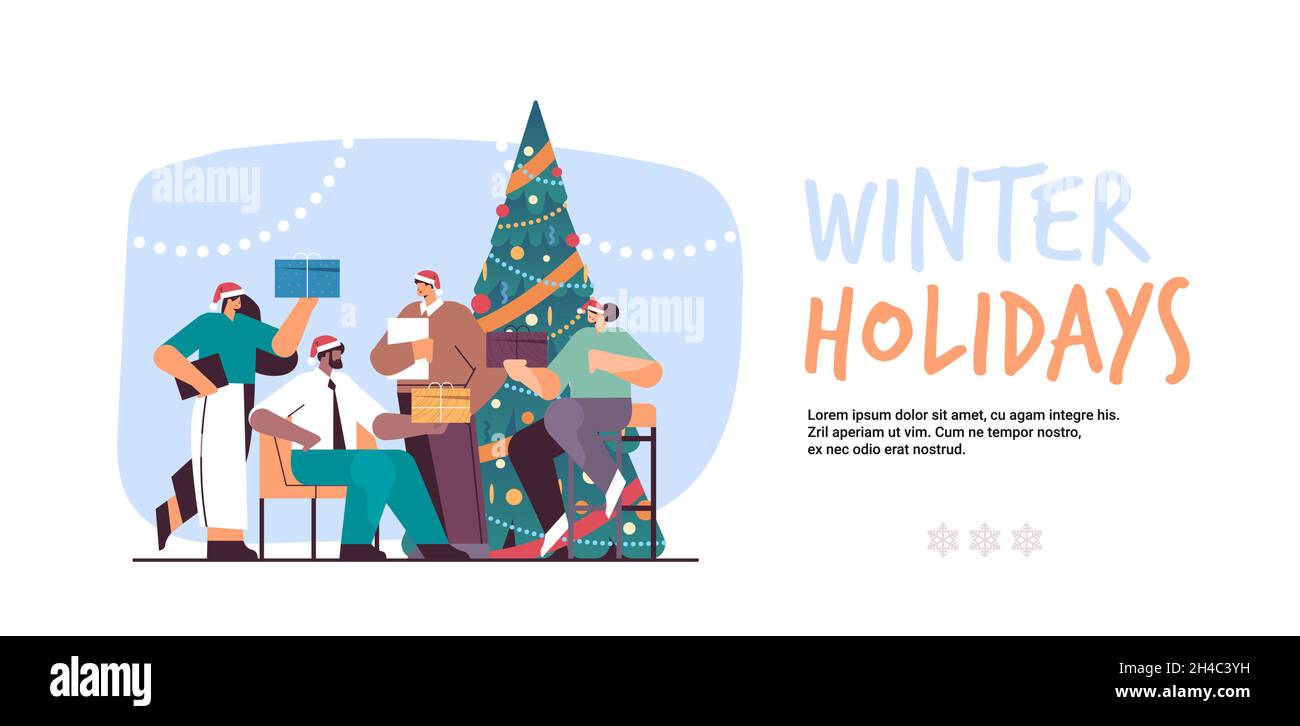 la gente in cappelli di santa che tiene i businesspeople dei regali che celebrano la festa corporativa nuovo anno festeggiamenti di natale Illustrazione Vettoriale