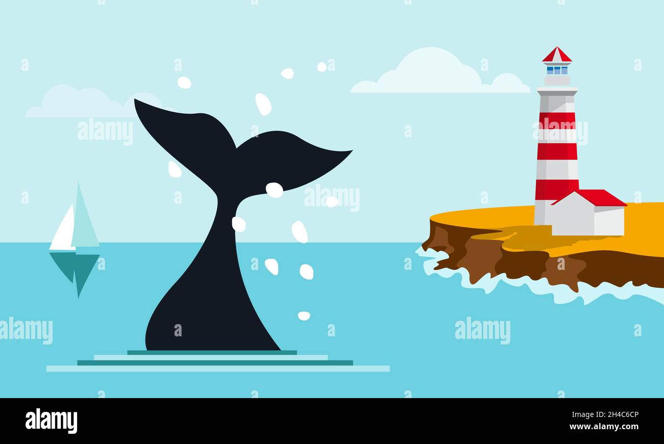 Immersioni con balena con spruzzi di mare. Coda e gocce Water.Lighthouse sulla scogliera. Modello di progettazione per Brochure, volantino o depliant per scopi aziendali. Ve Illustrazione Vettoriale
