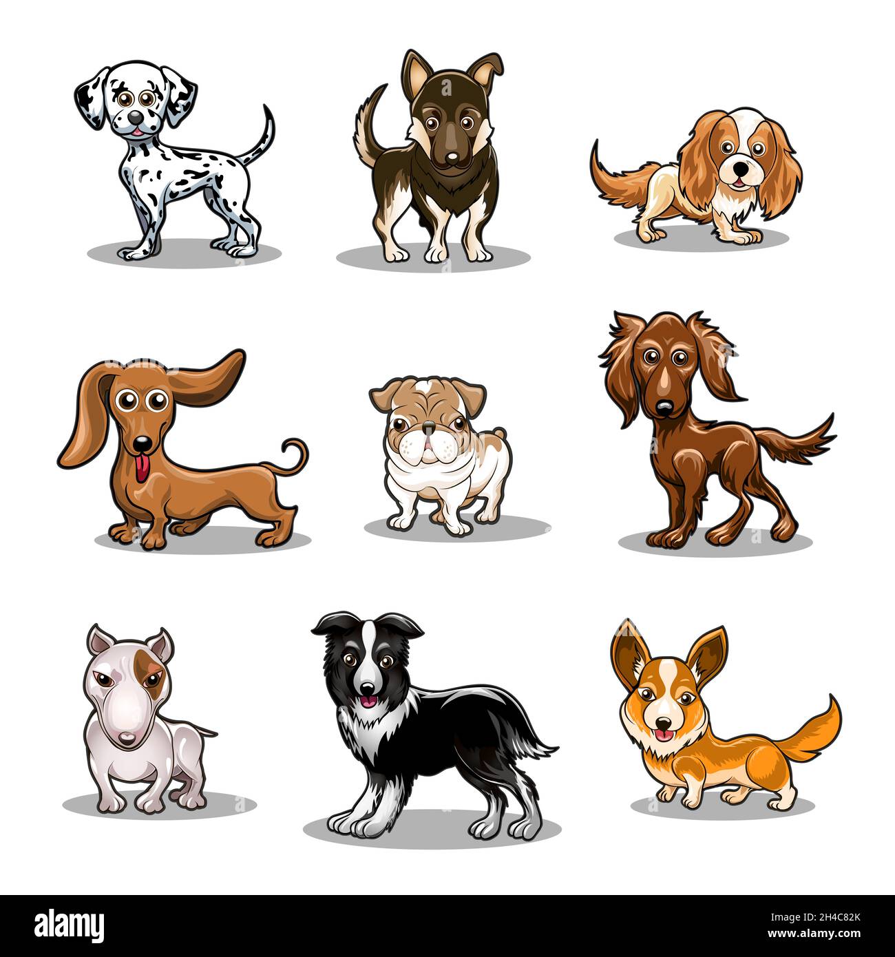 Collezione cani. Divertente razze diverse cani in stile cartone animato. Isolato su bianco.illustrazione vettoriale Illustrazione Vettoriale