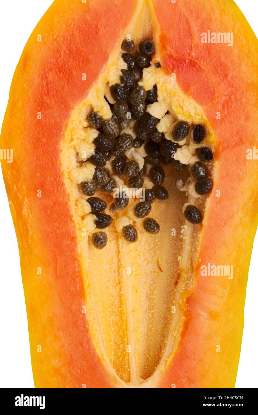 Orticoltura di Gran Canaria - papaia matura tagliata a metà Foto Stock