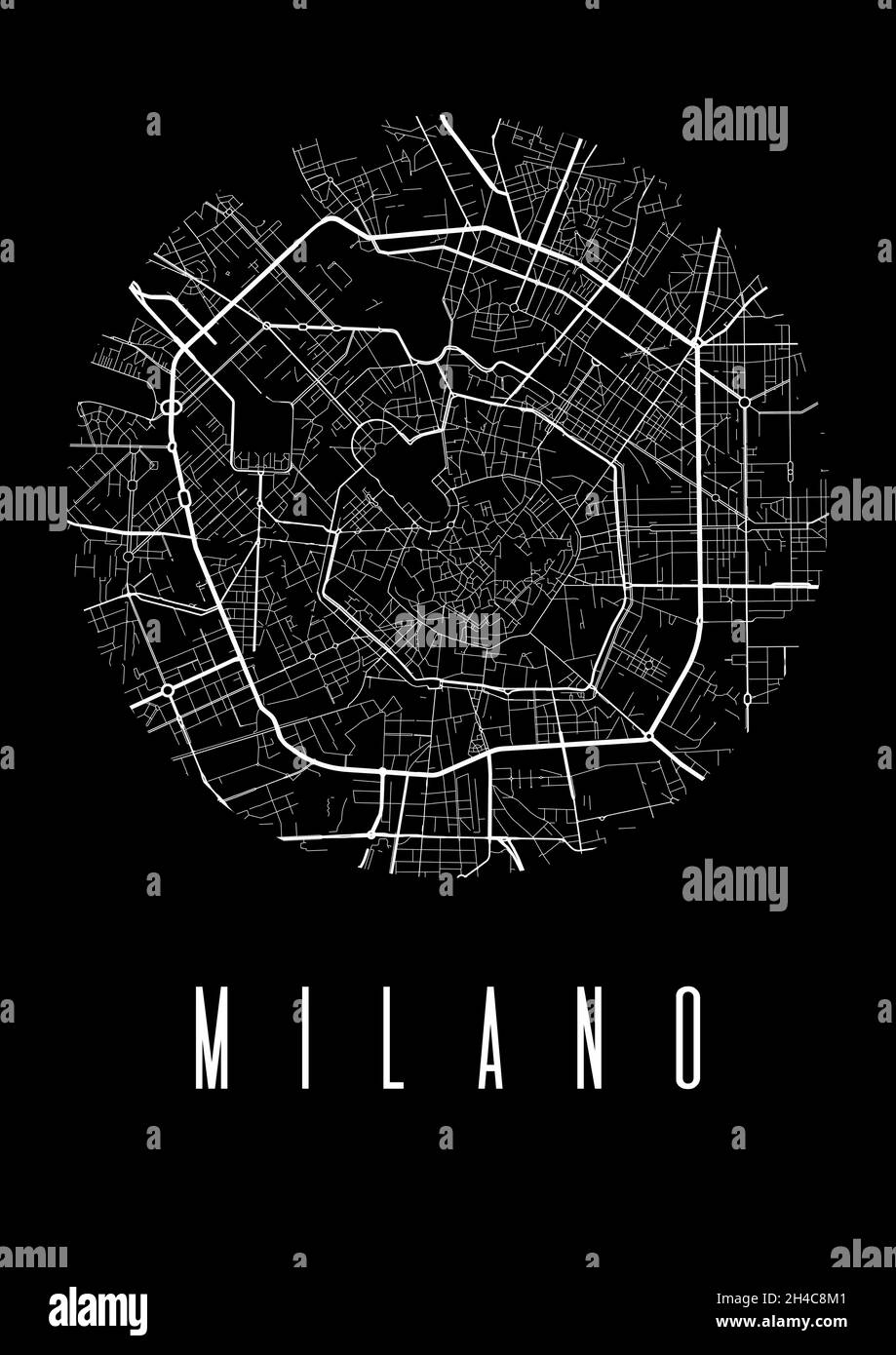 Cartografia di Milano poster nero vettoriale. Vista circolare rotonda, mappa stradale dell'illustrazione della città di Milano. Paesaggio urbano area panorama silhouette vista aerea, tipografia Illustrazione Vettoriale