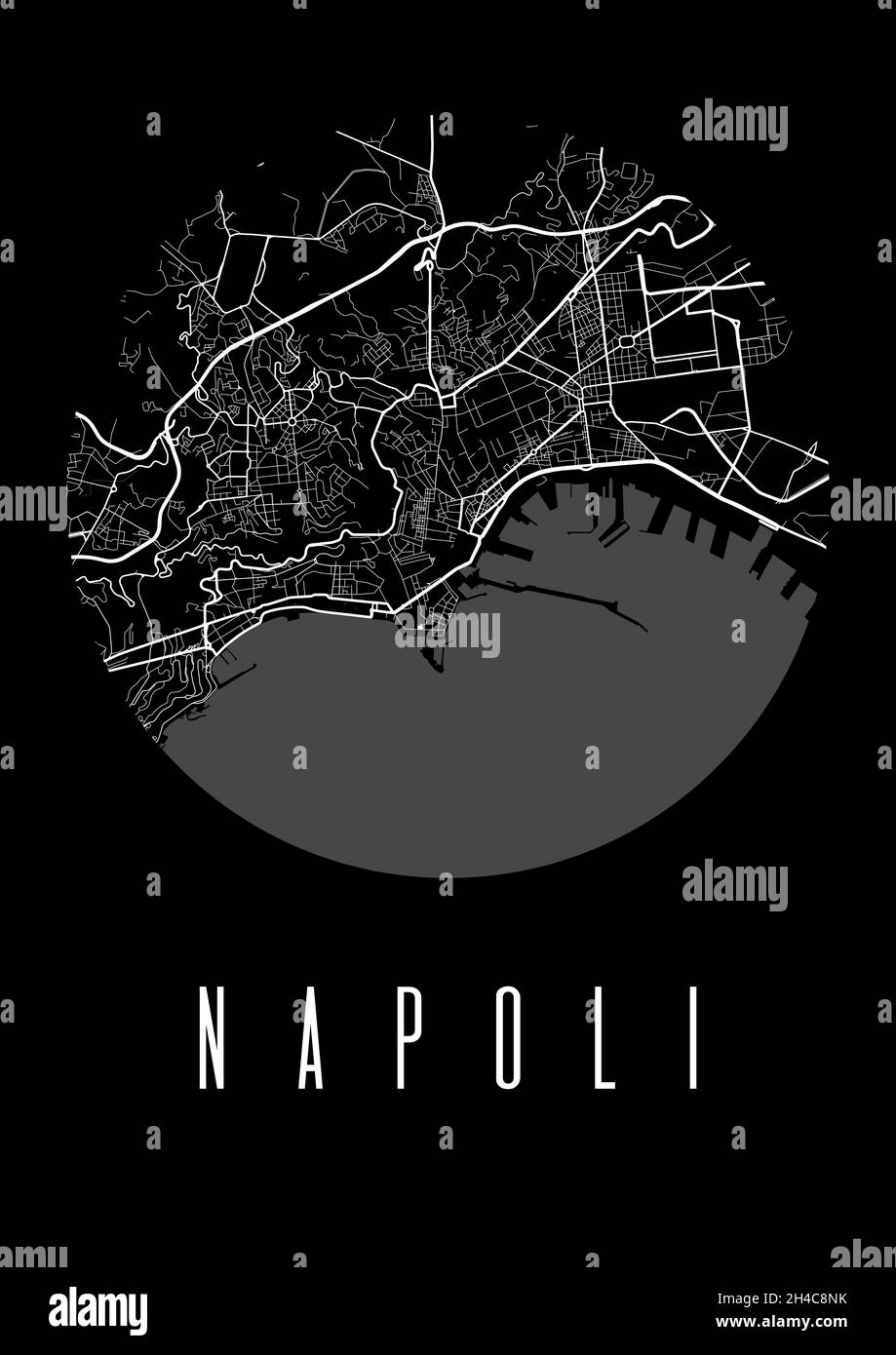 Cartografia di Napoli poster nero vettoriale. Vista circolare rotonda, mappa stradale di Napoli illustrazione della città. Paesaggio urbano area panorama silhouette vista aerea, tipografia Illustrazione Vettoriale