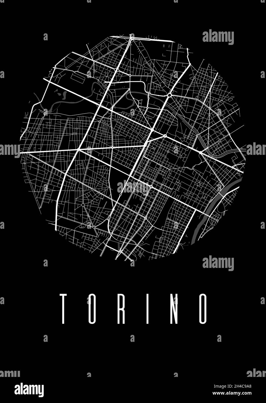 Cartografia Torino poster nero vettoriale. Vista circolare circolare, mappa stradale dell'illustrazione della città di Torino. Paesaggio urbano area panorama silhouette vista aerea, tipografia Illustrazione Vettoriale