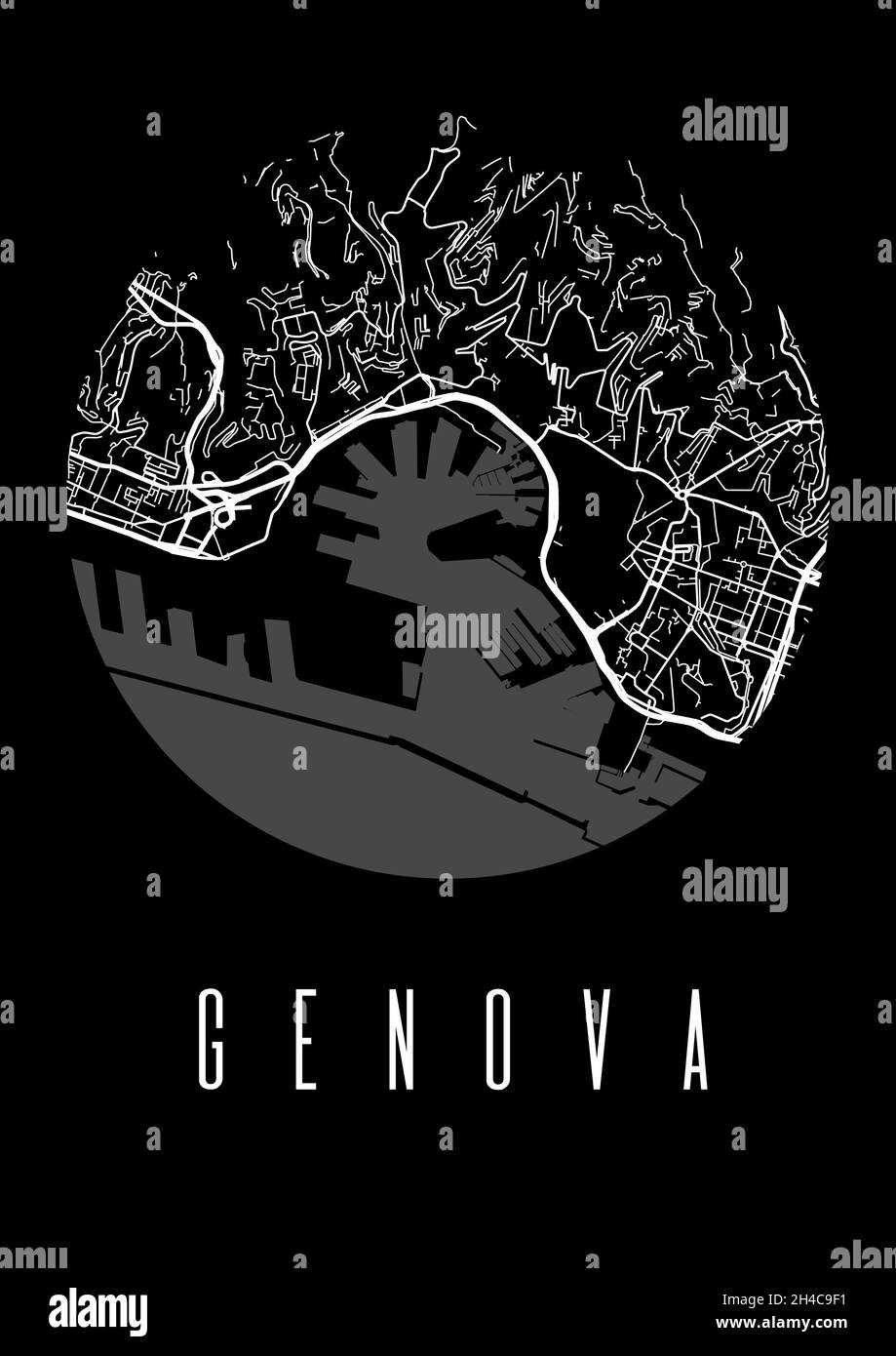 Cartografia Genova poster nero vettoriale. Vista circolare rotonda, mappa stradale di illustrazione della città di Genova. Paesaggio urbano area panorama silhouette vista aerea, tipografia Illustrazione Vettoriale
