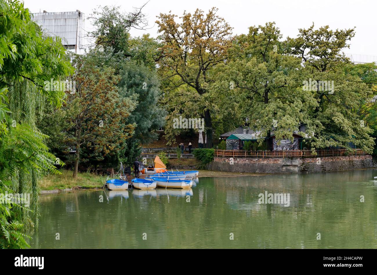 Angolo accogliente per il relax con pontile in legno e barche dopo la pioggia nel lago Ariana, parco Borisova gradina, Sofia, Bulgaria Foto Stock