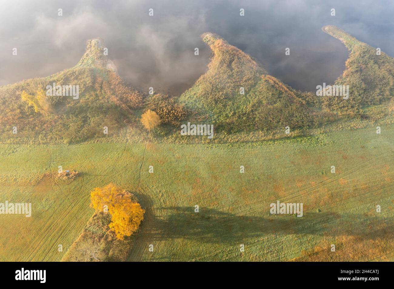 Veduta aerea del fiume Elba vicino a Lenzen, nebbia mattutina in autunno, Germania Foto Stock