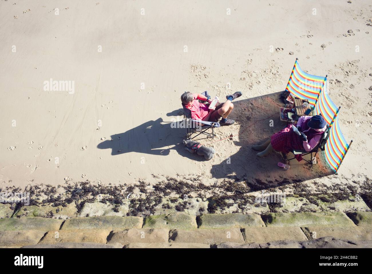Guardando giù su una coppia più vecchia con un cane che legge libri cartacei sulla spiaggia a Scarborough Foto Stock