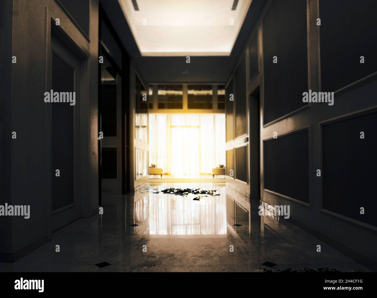 Corridoio vuoto all'interno della sala d'ingresso della casa con sfondo drammatico Foto Stock