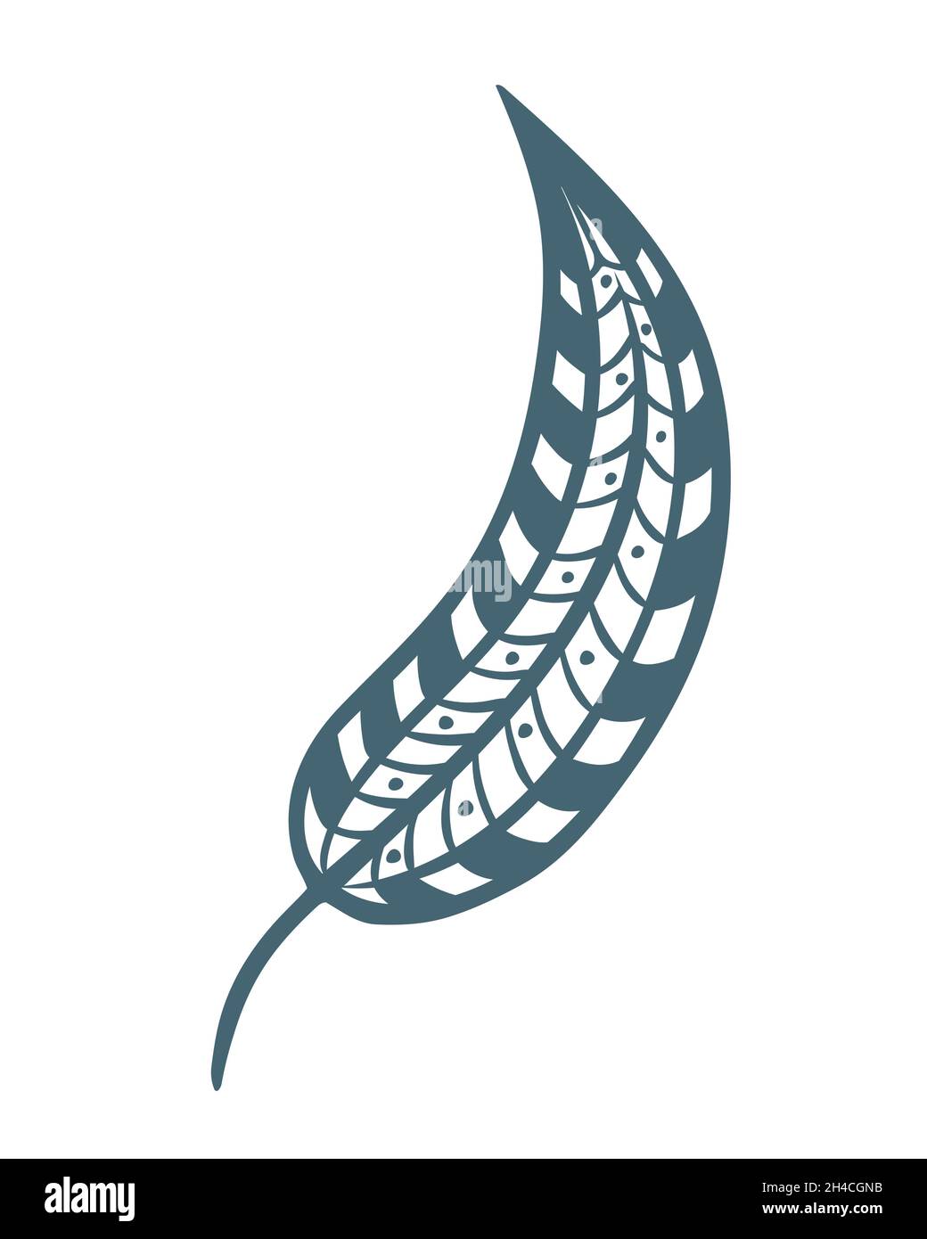 Disegno curvo in piuma d'uccello dipinta, illustrazione vettoriale. Piuma boho, schizzo grafico. Elemento per creatività e design, oggetto isolato. Illustrazione Vettoriale