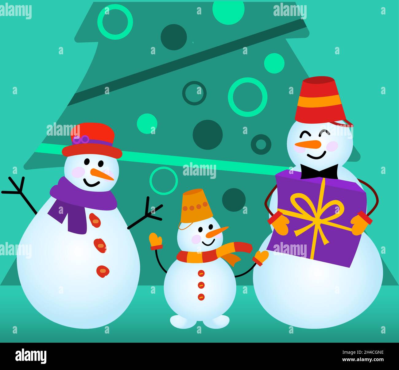 Famiglia di pupazzi di neve, dare un regalo ad un bambino sullo sfondo di un albero di Natale. Illustrazione Vettoriale