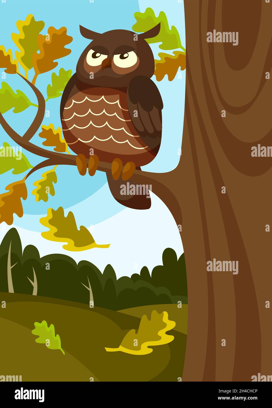 Poster con gufo seduto sull'albero. Illustrazione in stile cartone animato. Illustrazione Vettoriale
