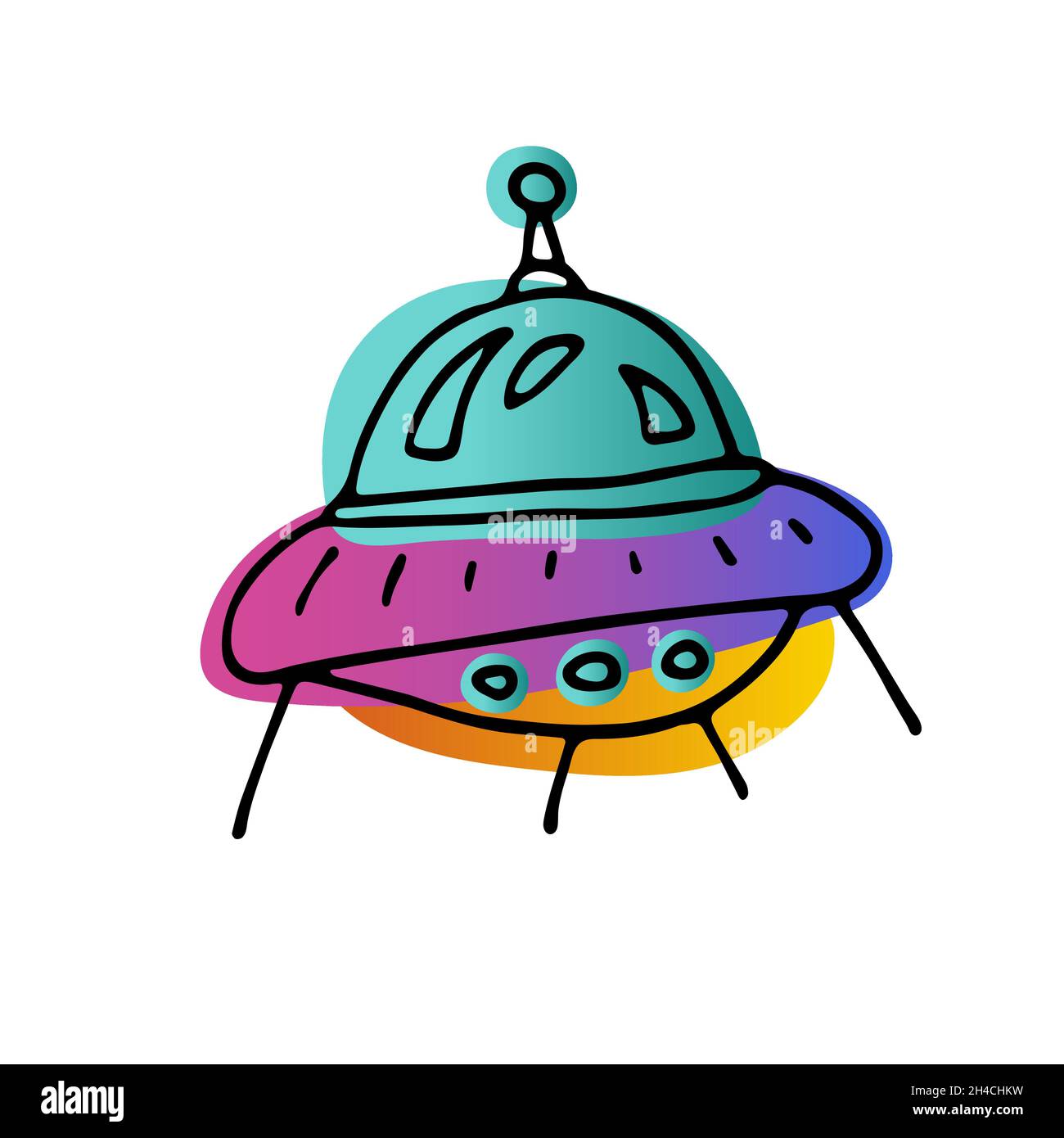 Adesivo per barbatella Bright Space. Piatto Flying disegnato a mano isolato su sfondo bianco. Sfumatura arancione, neon blu oggetto astronomico. UFO, Spacesh Illustrazione Vettoriale