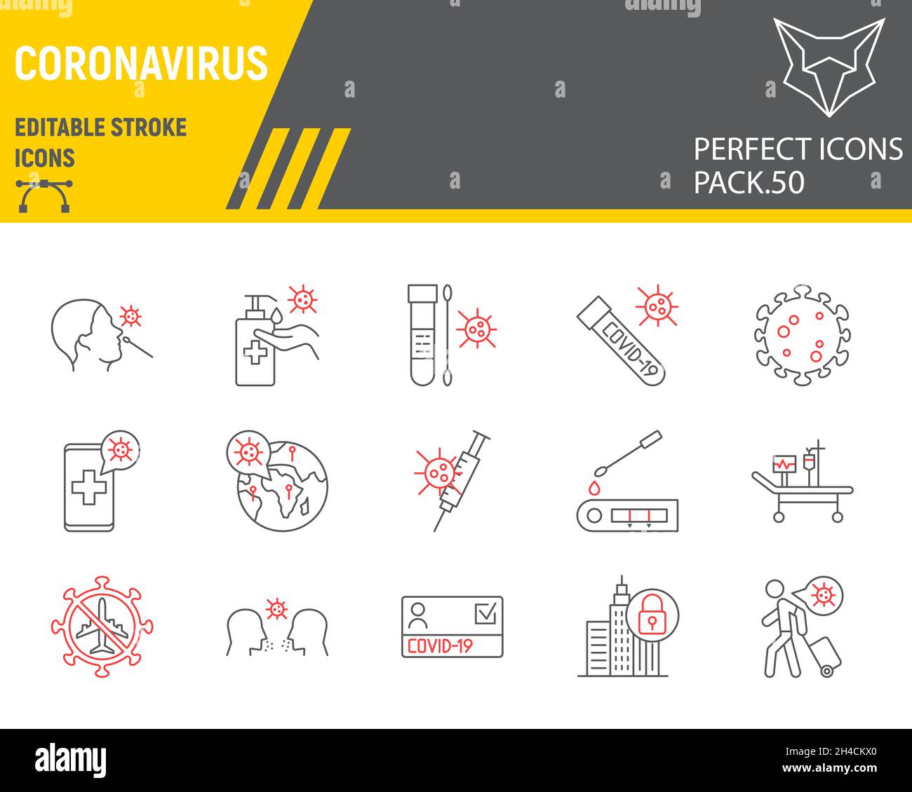Set icone linea coronavirus, collezione covid-19, grafica vettoriale, illustrazioni logo, icone vettoriali coronavirus, 2019-ncov segni, pittogrammi di contorno, tratto modificabile Illustrazione Vettoriale