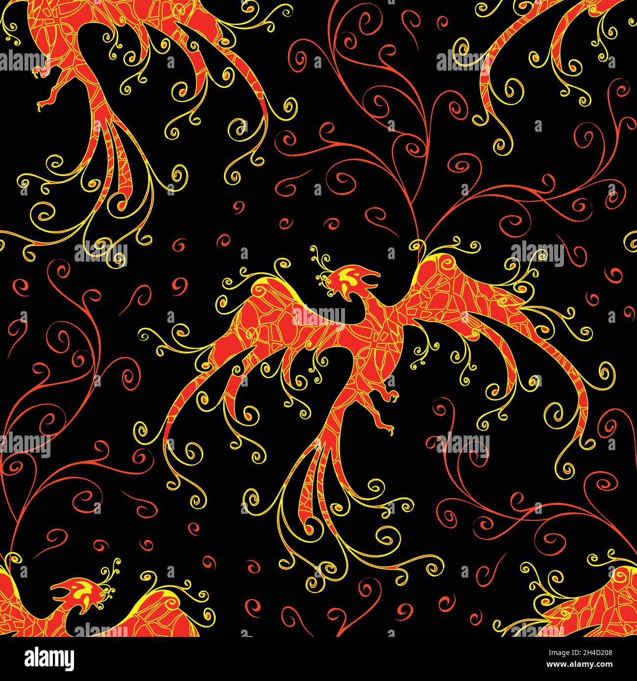 Pattern vettoriale senza giunture con fuoco phoenix su sfondo nero. Il mitico disegno della carta da parati dell'uccello. Fuoco uccello moda tessuto stile. Illustrazione Vettoriale