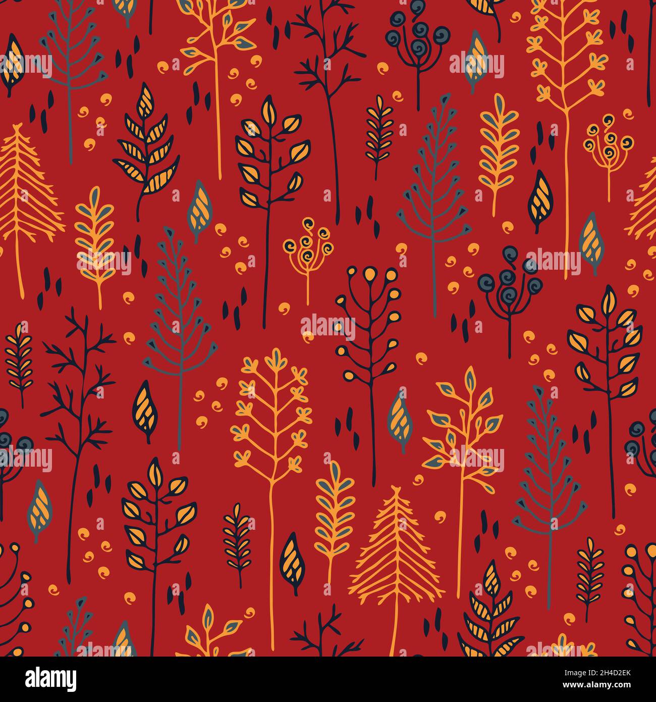 Pattern vettoriale senza giunture con alberi su sfondo rosso. Semplice carta da parati floreale con rami. Tessile di moda botanica brillante. Illustrazione Vettoriale