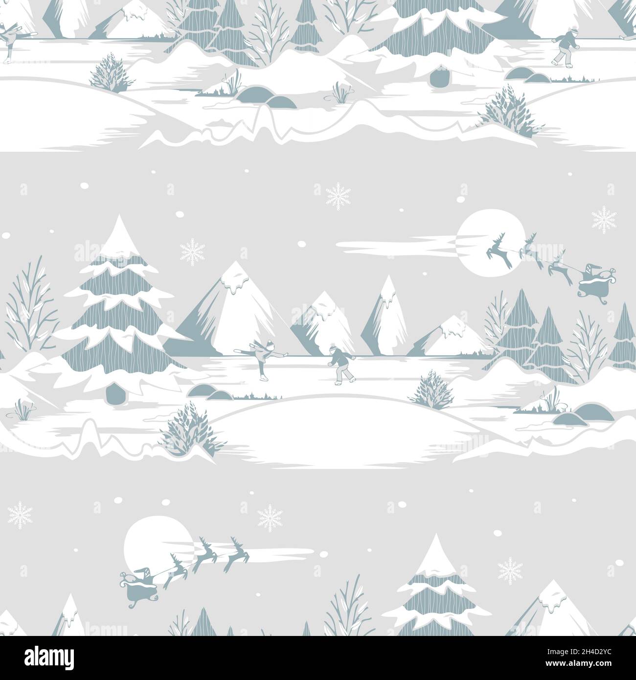 Motivo vettoriale senza cuciture con paesaggio invernale su sfondo beige. Semplice disegno di sfondo di Natale. Decorativo pattinaggio tessile moda. Illustrazione Vettoriale