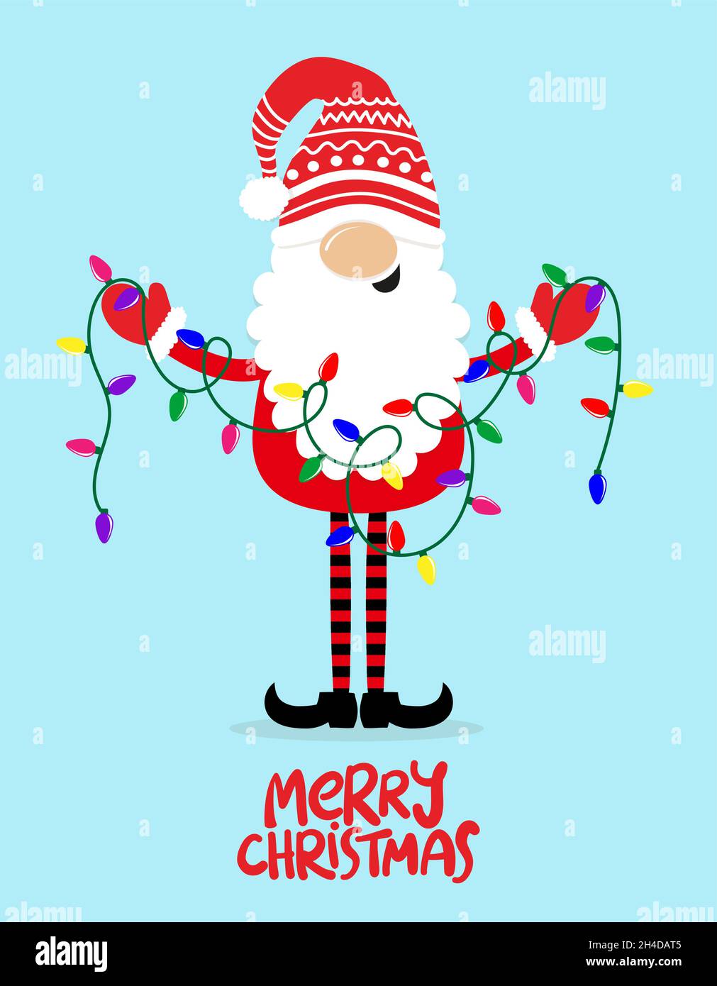 Adorabile gnomo natalizio con luci natalizie - gnomo con abiti Santa. Nana magica nordica. Carino Elf vacanze con cappello. Illustrazione vettoriale per Win Illustrazione Vettoriale