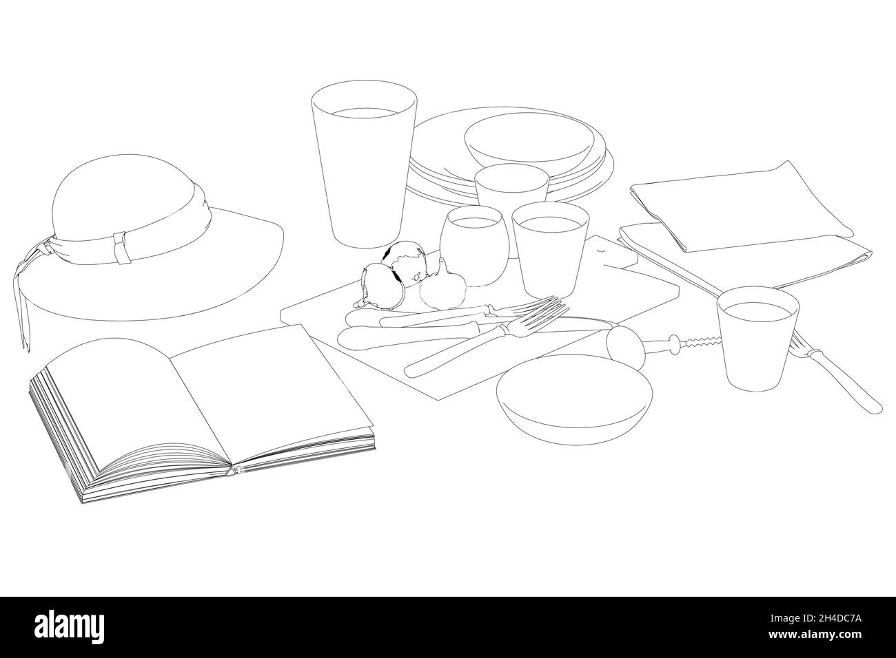 Contorno di set sul tavolo con cappello da donna, libro aperto, piatti, bicchieri, tagliere, posate da linee nere isolate su sfondo bianco. Vettore Illustrazione Vettoriale