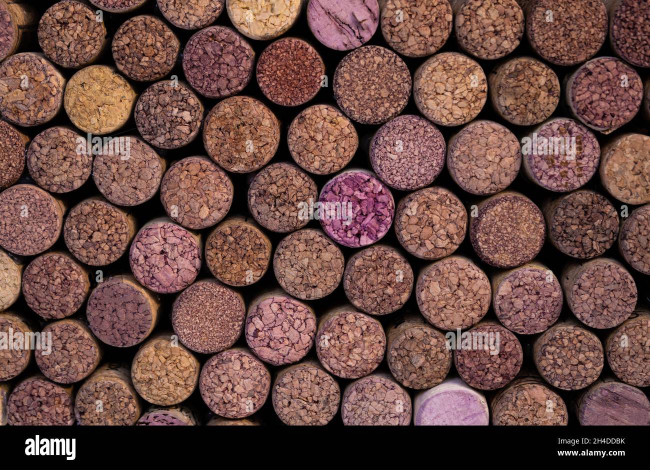 Sfondo di vino. Molti tappi per bottiglie. Corteccia sughero. Tappi per bottiglia di vino. Foto Stock