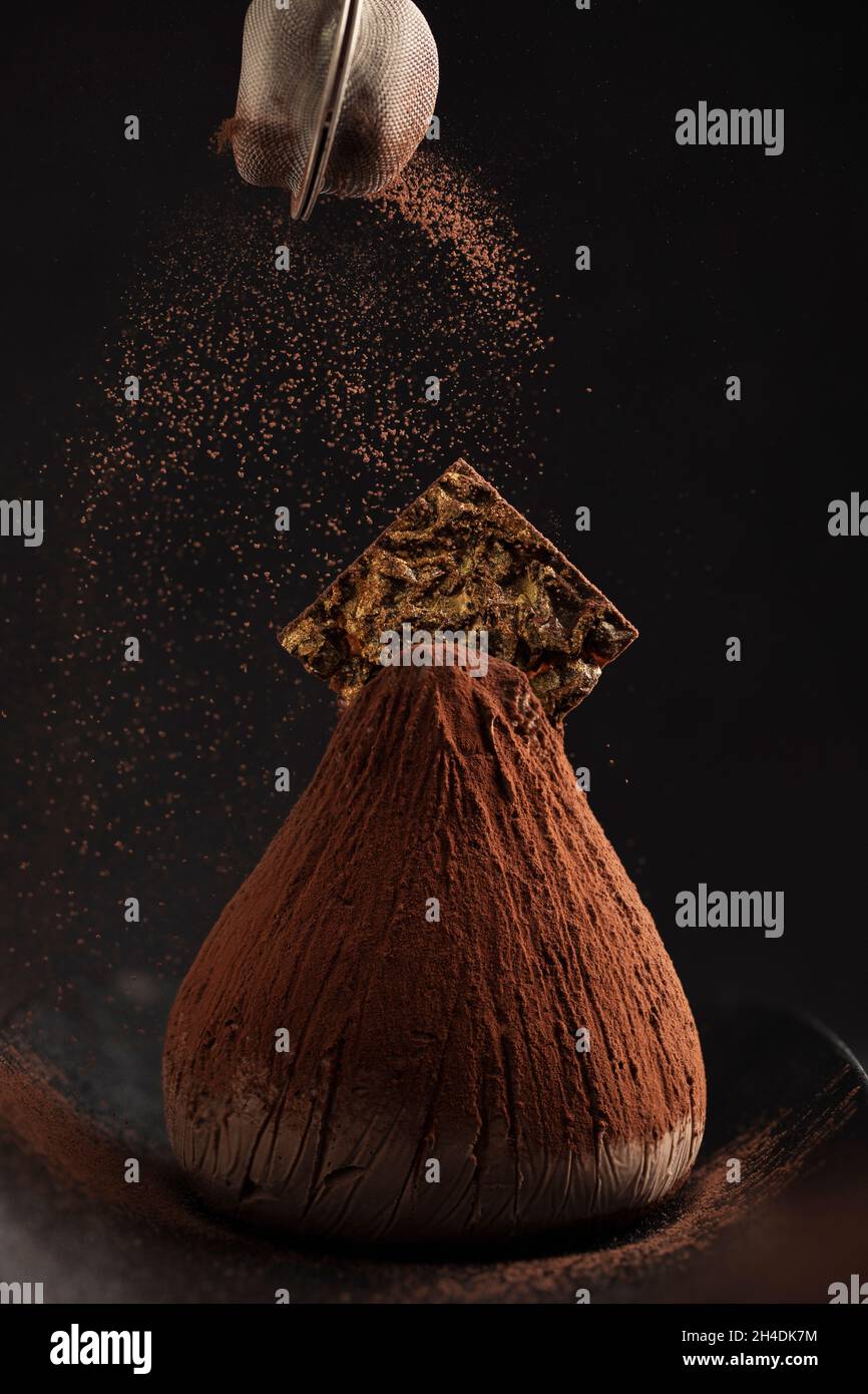 Torta di mousse al cioccolato con una bella spolverata di cacao Foto Stock