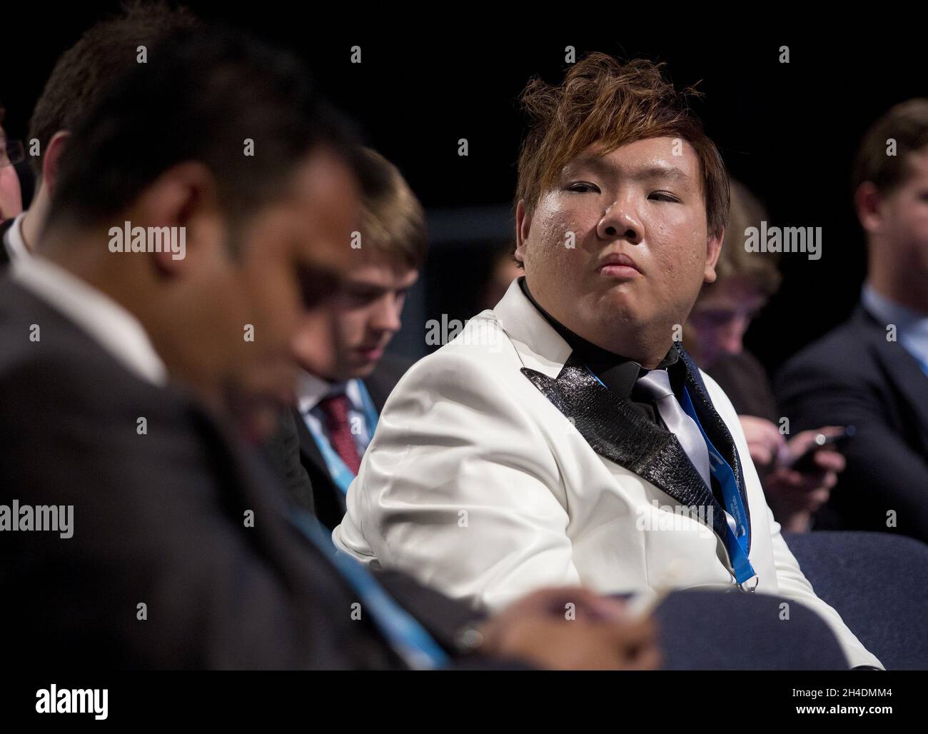 I delegati ascoltano il Segretario di Stato per lo sviluppo Internazionale Justine Greening nel primo giorno della conferenza annuale del Partito conservatore presso il Centro Centrale Congressi di Manchester. Foto Stock