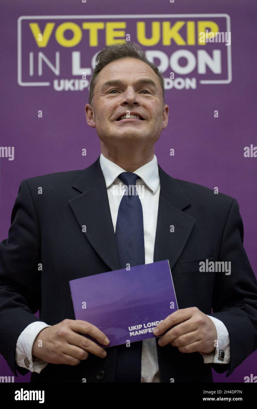 Peter Whittle, candidato Mayoral di Londra lancia il manifesto elettorale dell'UKIP presso l'Emmanuel Centre di Westminster, Londra. Foto Stock