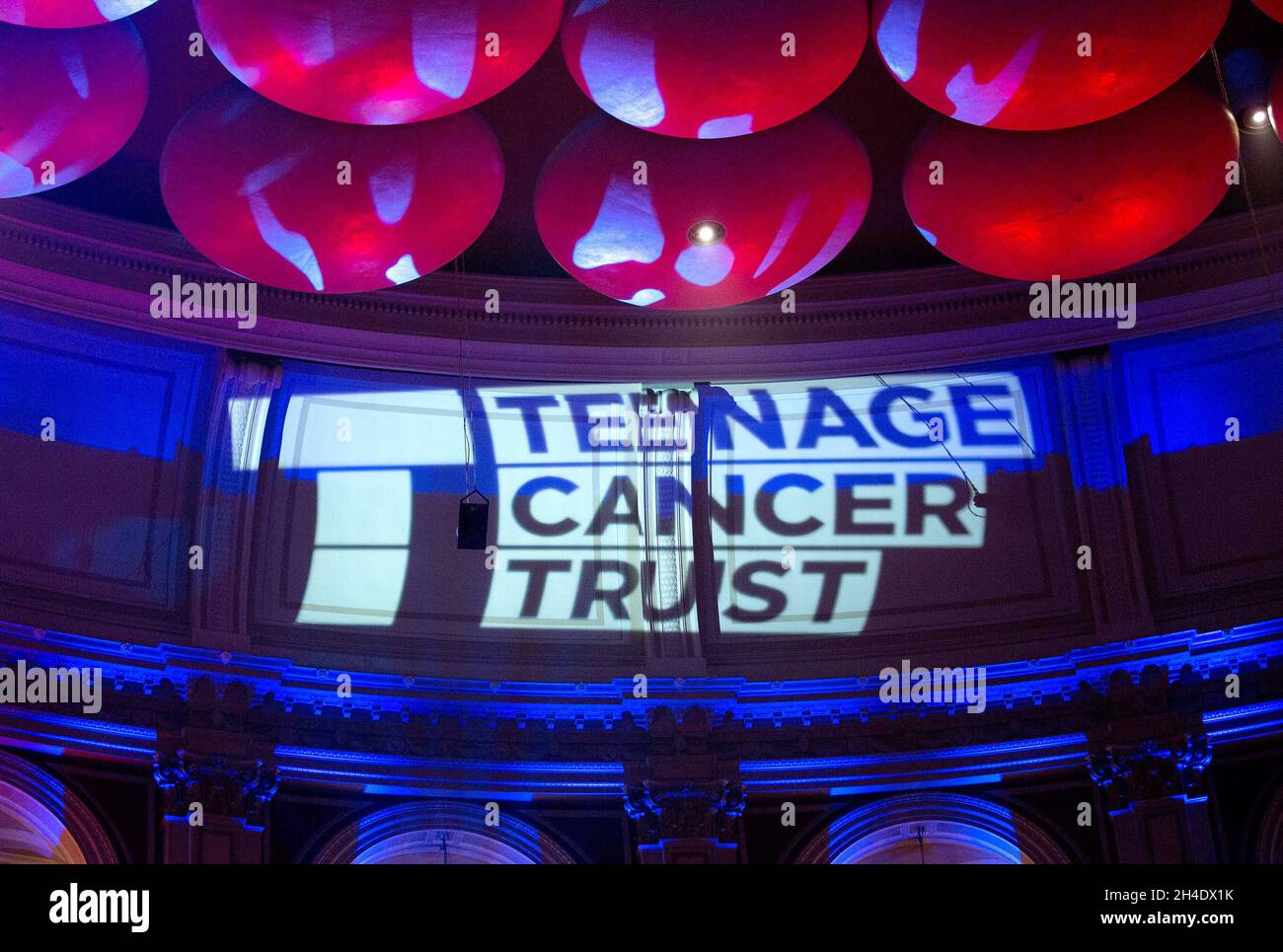 Una proiezione del logo Teenage Cancer Trust sul soffitto dell'arena Royal Albert Hall di Londra, durante il 17° anniversario della serie annuale di concerti della beneficenza. Data foto: Lunedì 27 marzo 2017. Il credito fotografico deve essere: Isabel Infantes/ EMPICS Entertainment Foto Stock