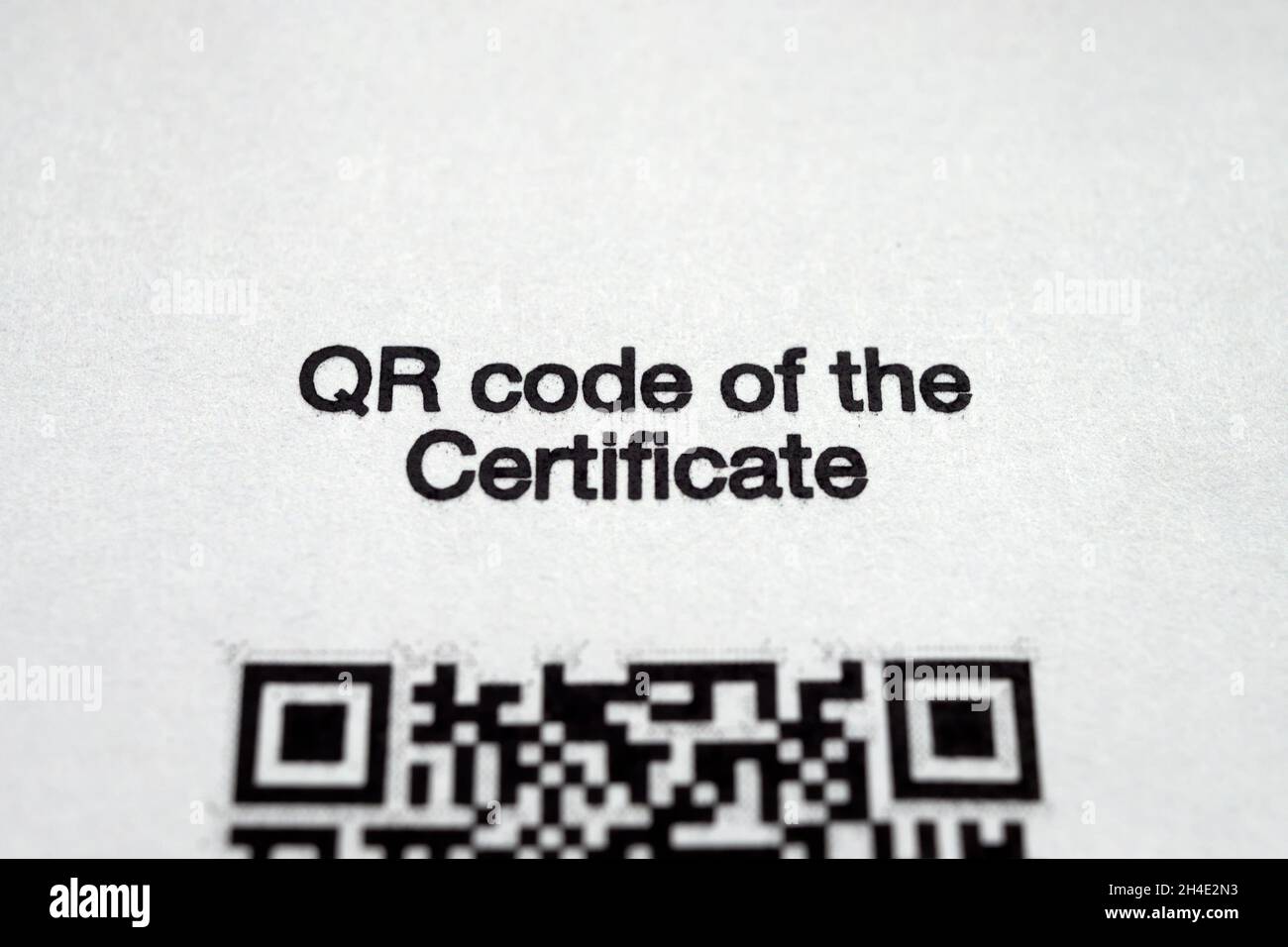 Iscrizione in lingua inglese del «QR code certificate» su un modulo cartaceo rilasciato in Russia coloro che sono vaccinati contro il coronavirus (frammento) Foto Stock