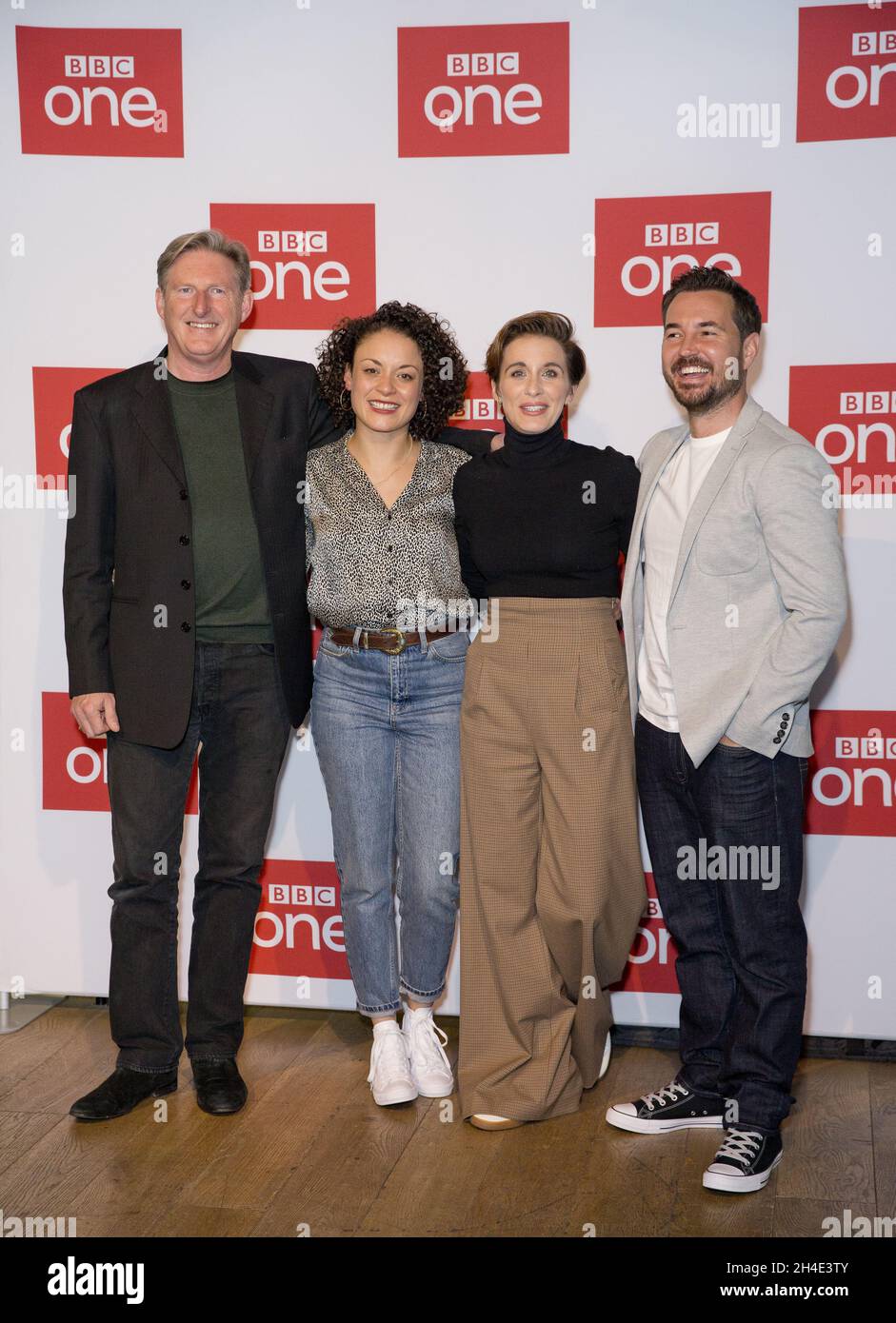 (Da sinistra a destra) Adrian Dunbar, Rochenda Sandall, Vicky McClure e Martin Compston hanno partecipato a una telefonata per BBC One's Bodyguard alla BFI Southbank di Londra. Foto datata: Lunedì 18 marzo 2019. Il credito fotografico deve essere: Isabel Infantes / EMPICS Entertainment. Foto Stock
