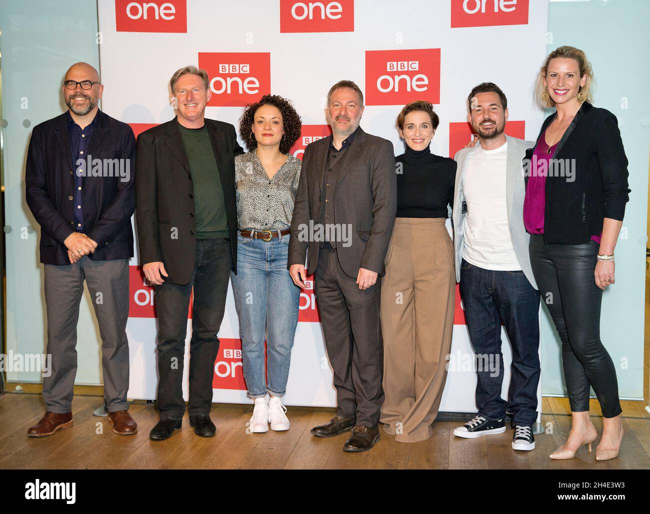 Simon Heath, Adrian Dunbar, Rochenda Sandall, Vicky McClure, Martin Compston, E Priscilla Parish che ha partecipato a una chiamata fotografica per il Bodyguard della BBC One alla BFI Southbank a Londra. Foto datata: Lunedì 18 marzo 2019. Il credito fotografico deve essere: Isabel Infantes / EMPICS Entertainment. Foto Stock