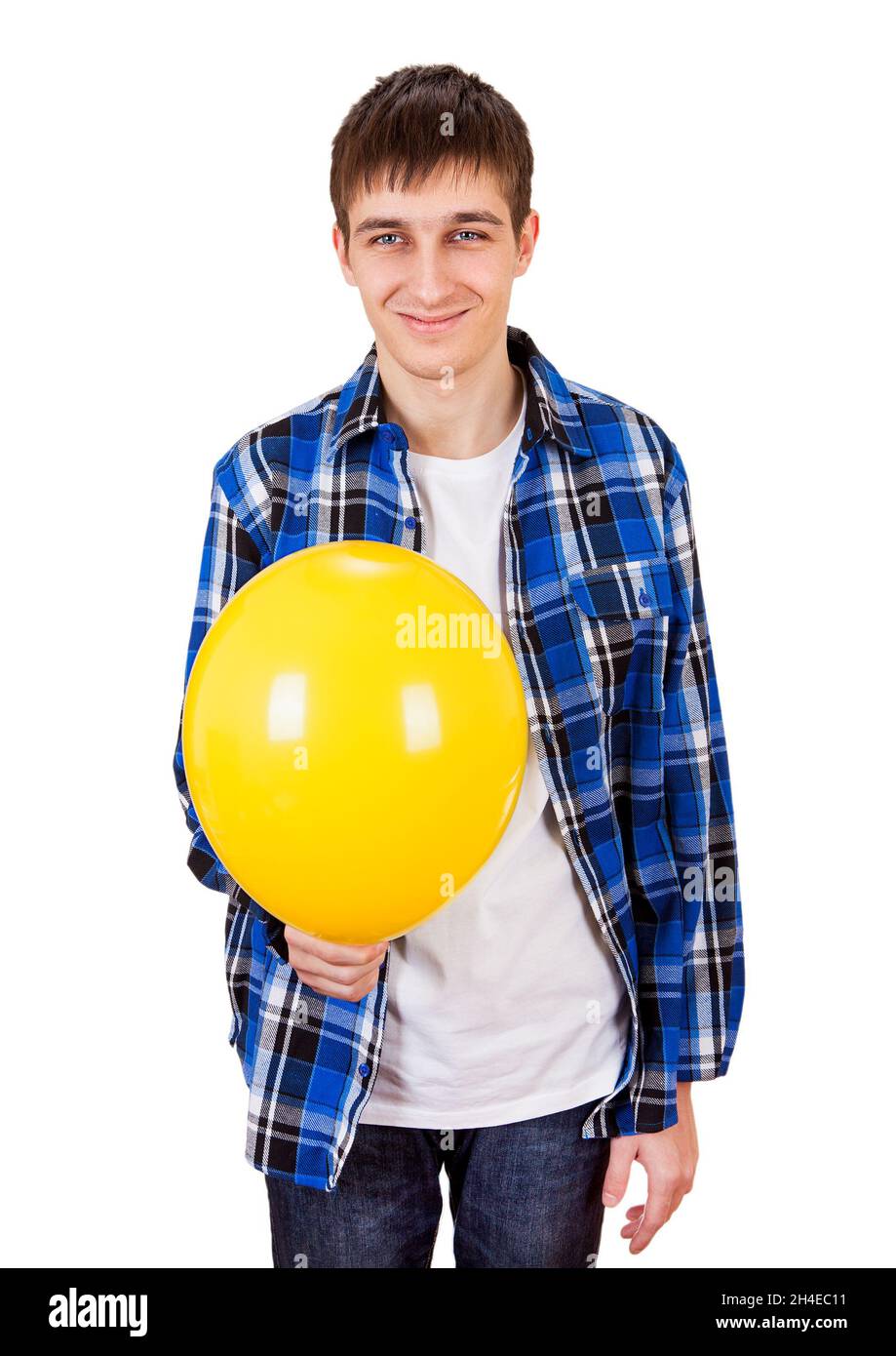 Giovane uomo con mongolfiera isolato su sfondo bianco Foto Stock