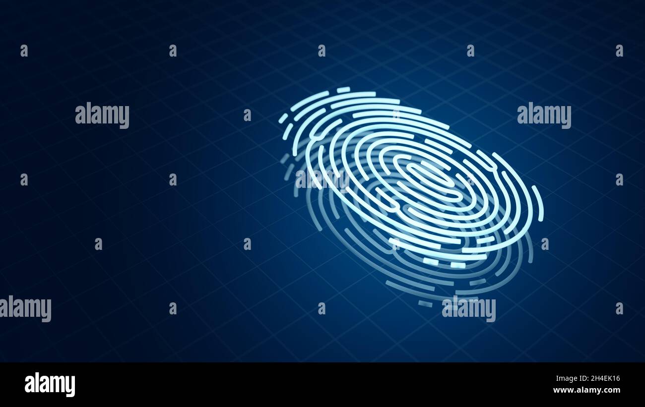 Impronte digitali su sfondo blu. Sicurezza e identificazione. Tecnologia biometrica. illustrazione 3d. Foto Stock