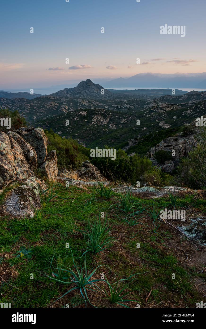 alba nel deserto des agriate, corsica Francia, mostrando il paesaggio roccioso .avventura vacanze . Foto Stock