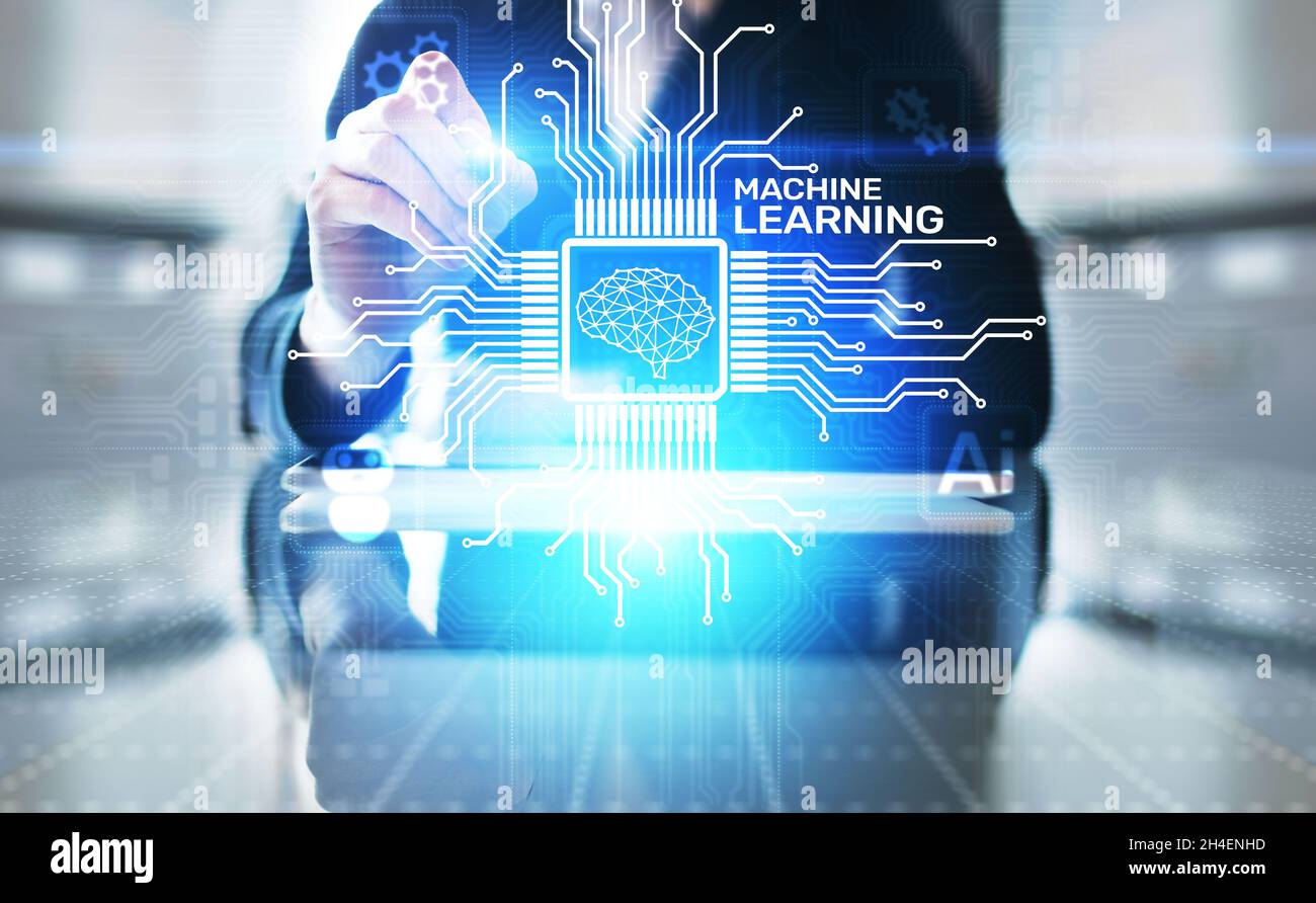 Algoritmi di apprendimento automatico, intelligenza artificiale, intelligenza artificiale, automazione e tecnologia moderna nel business come concetto. Foto Stock