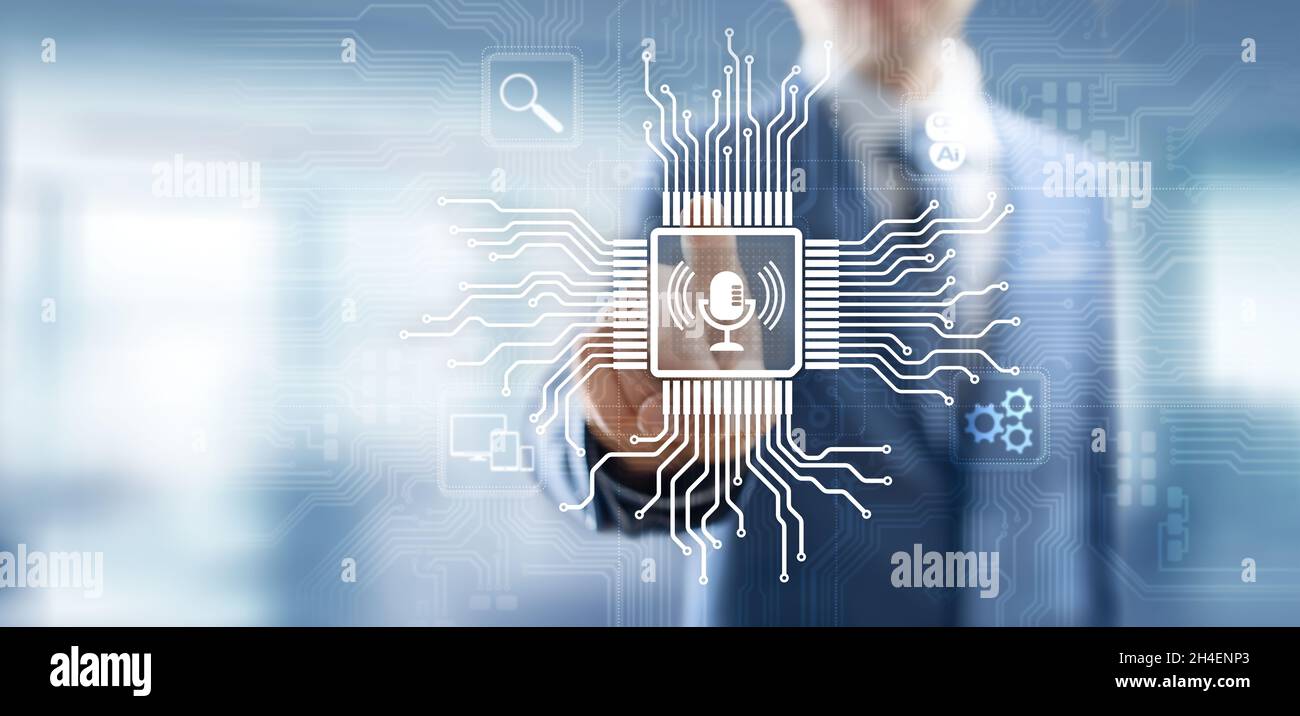 Simbolo del microfono di controllo e ricerca del riconoscimento vocale sullo schermo virtuale. Foto Stock