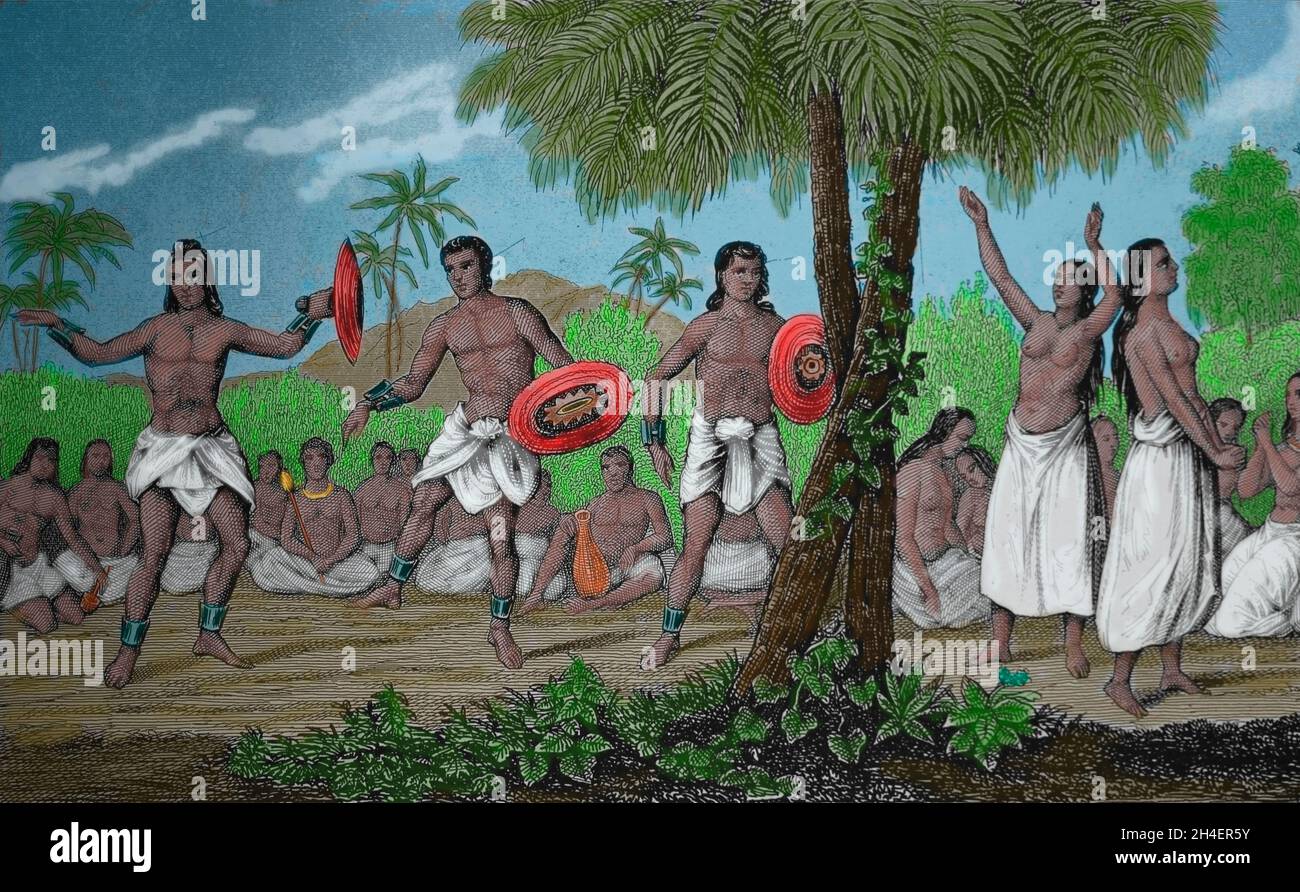 Isole Caroline. Balli tradizionali. Micronesia. Incisione, 19 ° secolo. Foto Stock