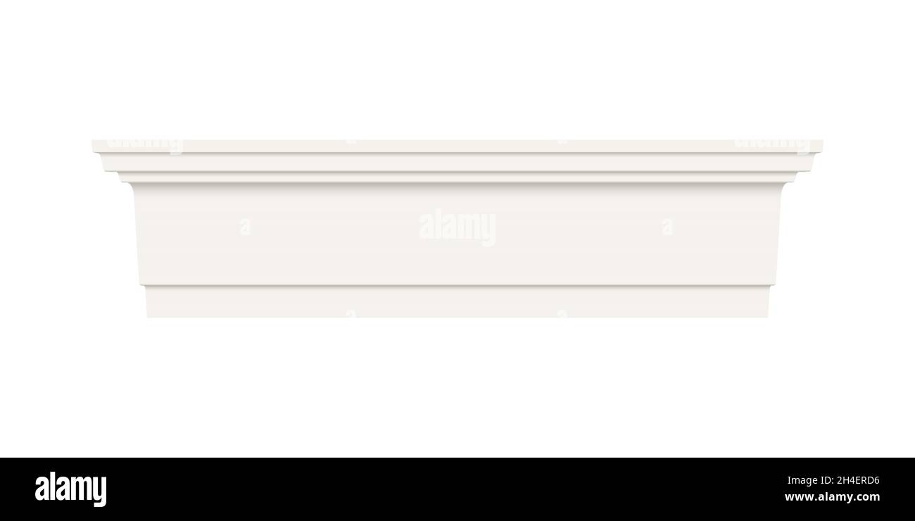 Stampaggio baseboard con bordo bianco. Corona del soffitto isolata dallo sfondo. Decorazioni interne in gesso, legno o styrofoam. Design classico per la casa. Vettore malato Illustrazione Vettoriale