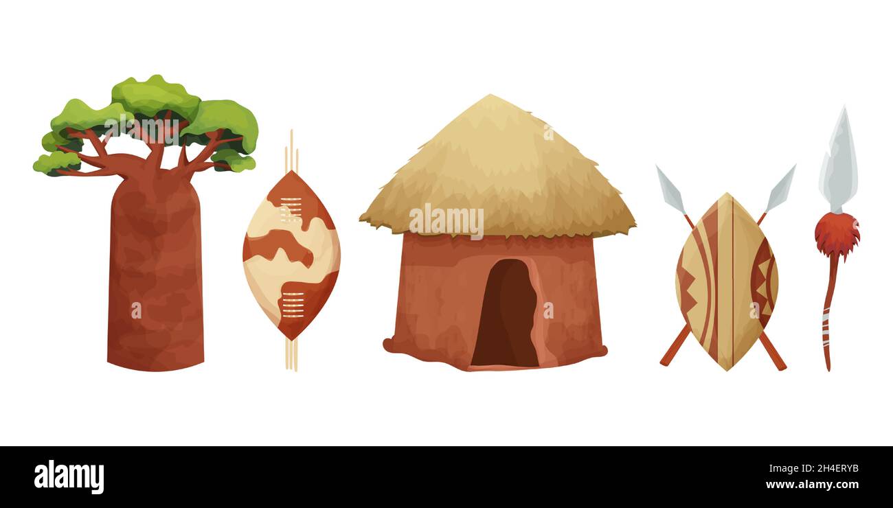 Set capanna africana con tetto di paglia, scudo baobab con lancia in stile cartone animato isolato su sfondo bianco. Safari tribale collezione, deserto rurale buildi Illustrazione Vettoriale