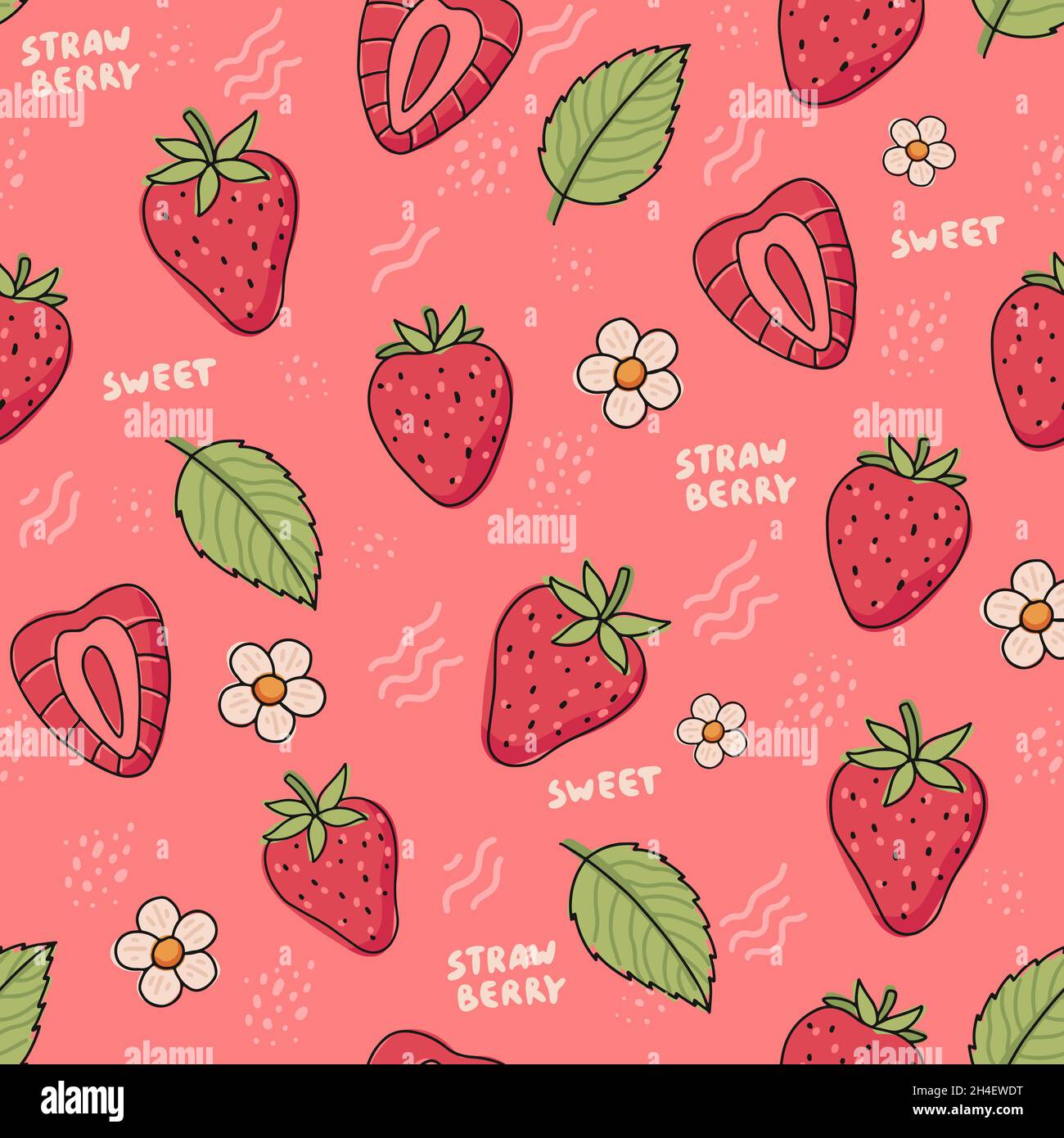 Modello di fragola. Carino fragole colorate con fiori e foglie in stile doodle, illustrazione vettoriale Illustrazione Vettoriale