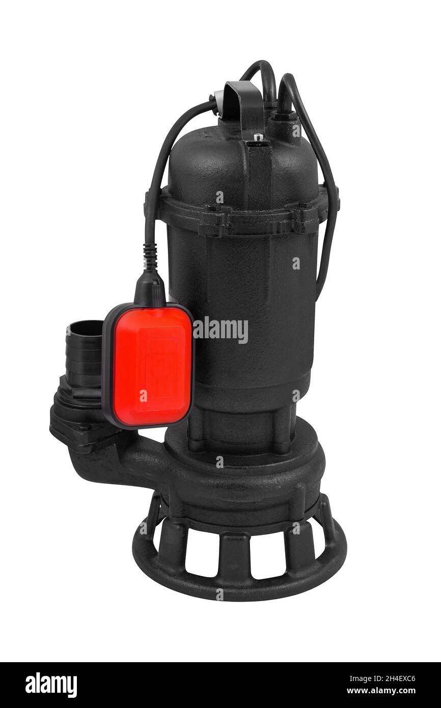 Pompa dell'acqua sommersa nera con indicatore di livello dell'acqua isolato su sfondo bianco Foto Stock