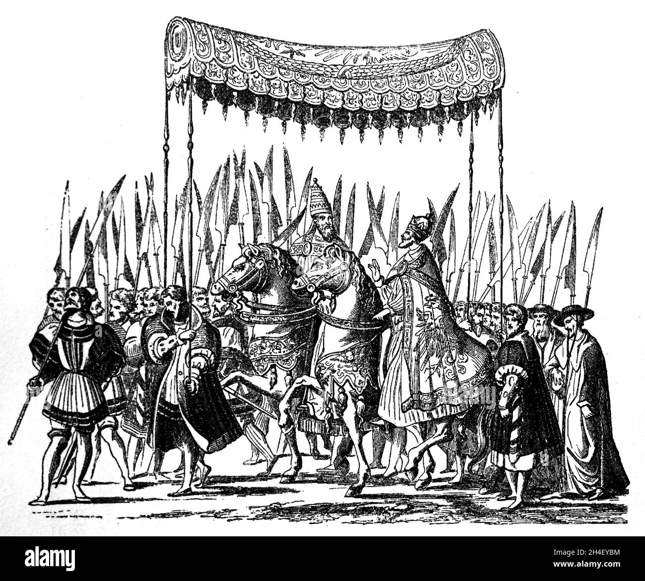 Processione per l'incoronazione imperiale di Carlo V a Bologna con Papa Clemente VII Bologna, 24 febbraio 1530. Foto Stock