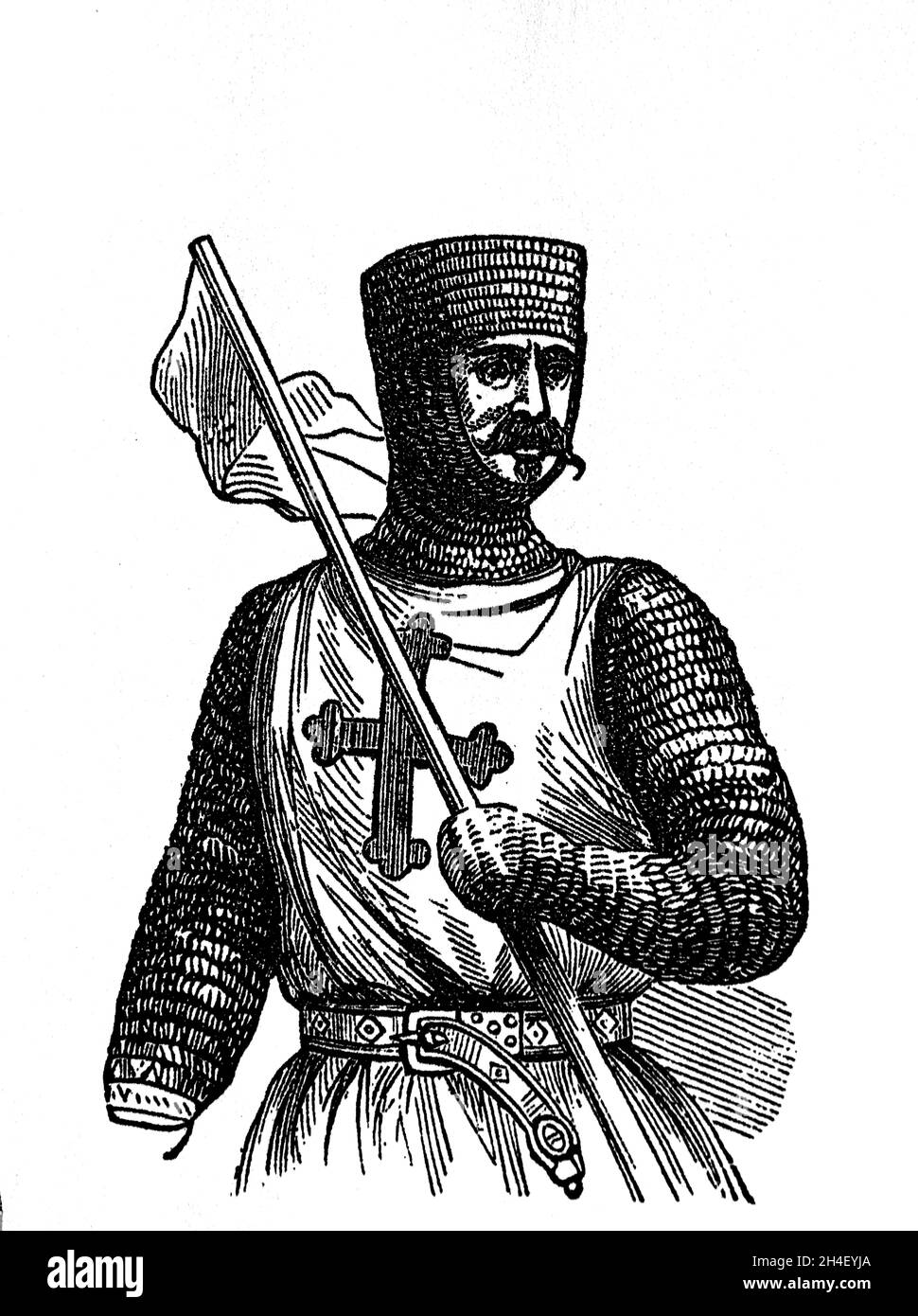 Cavaliere di Tempio con il suo mantello bianco con una croce rossa. 12 ° secolo. Incisione. Foto Stock