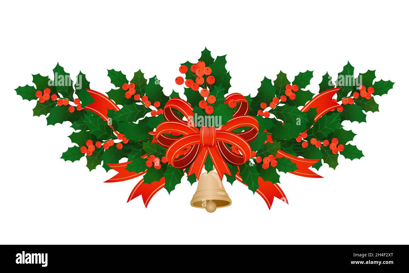 Ghirlanda natalizia con fiocchi di raso rosso, nastri, bacche, campanello d'oro, isolato su bianco. Vettore natale agrifoglio bordo decorazione elemen Illustrazione Vettoriale